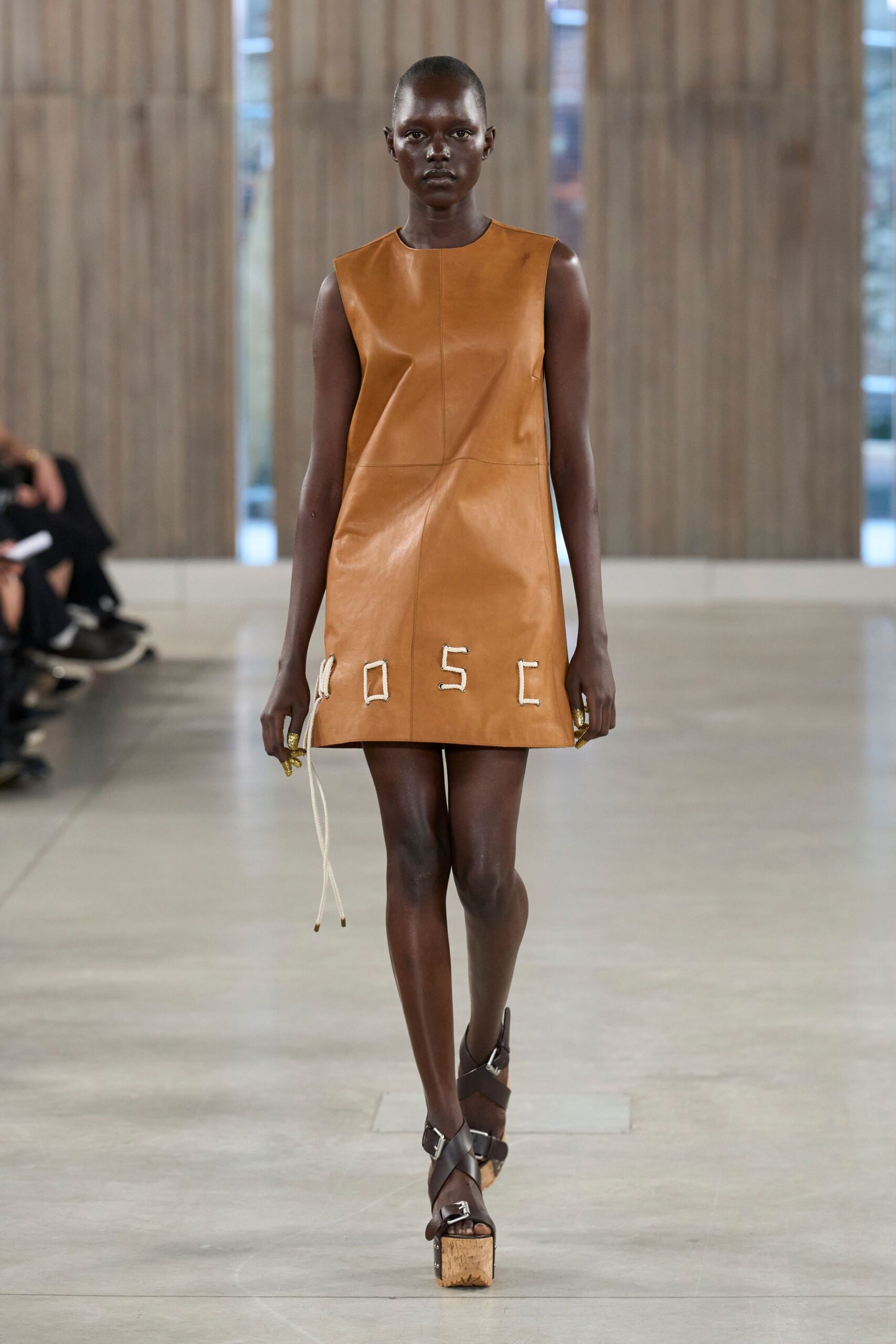 brown leather sleeveless collared fitted straight-leg mini dress