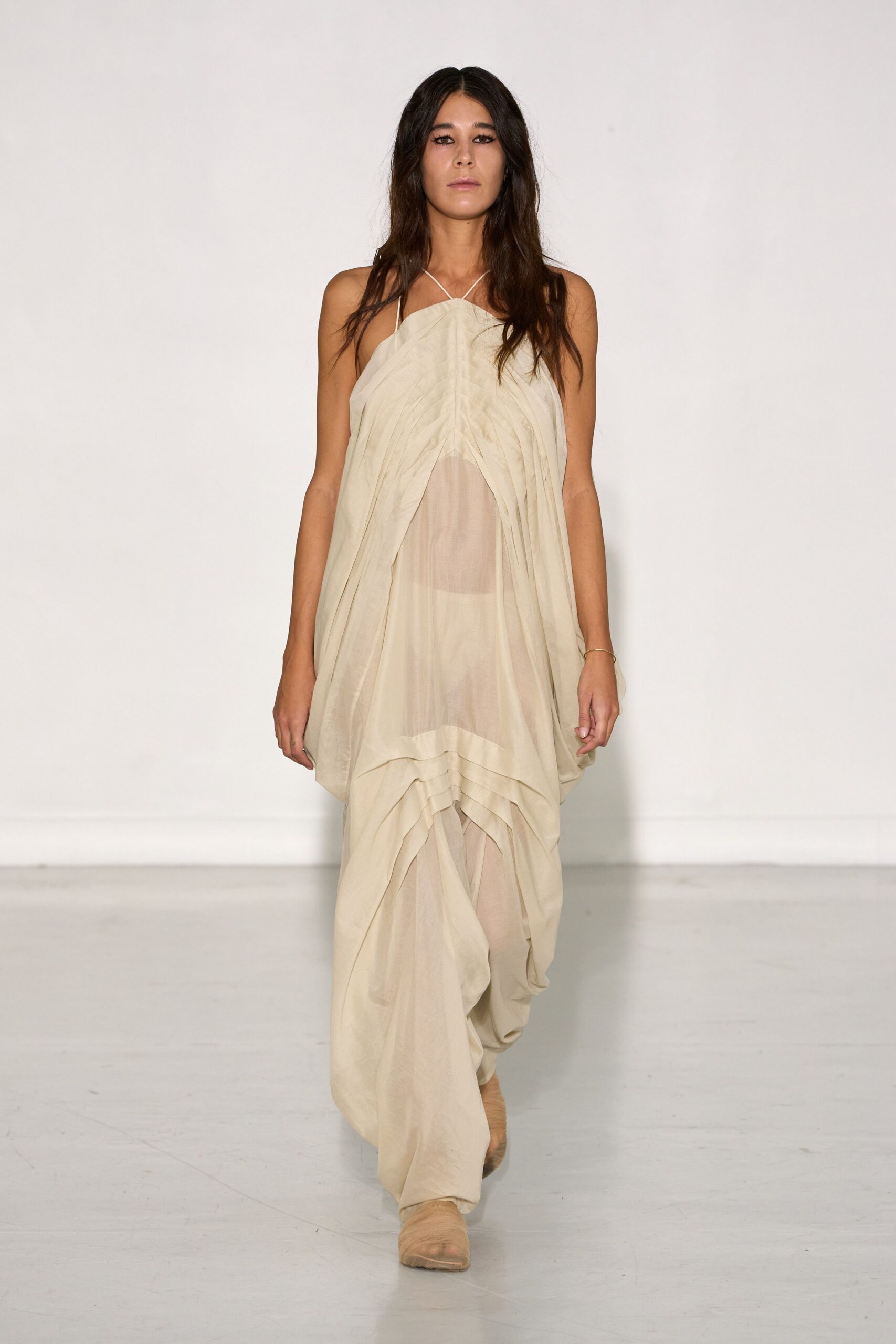 beige chiffon sleeveless halter relaxed draped flowing dress