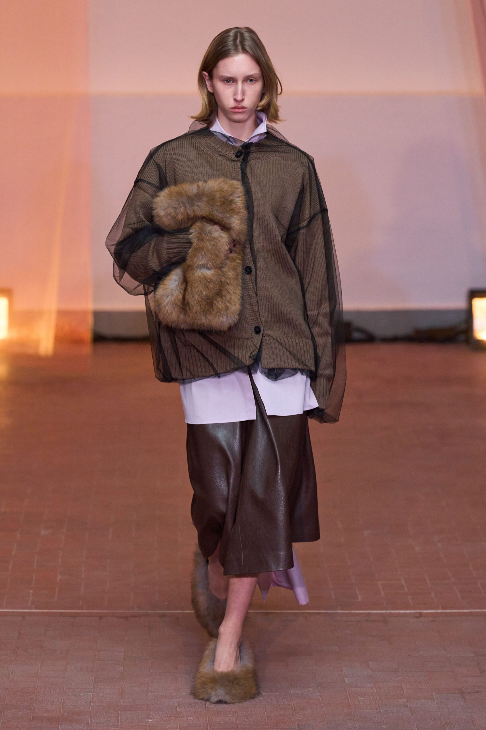 brown mesh long-sleeve collared relaxed layered jacket