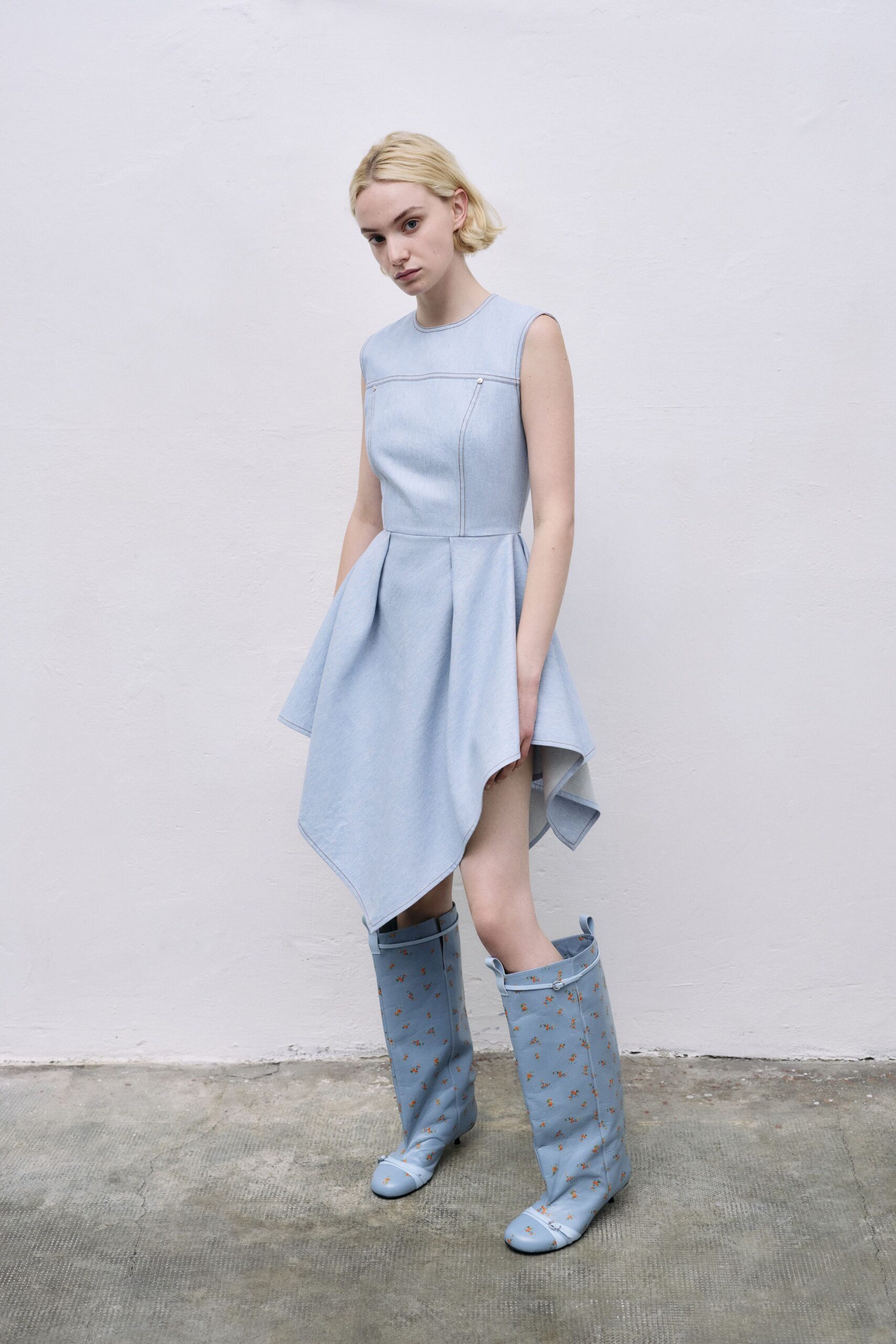 blue denim sleeveless high-neck fitted pleated mini dress