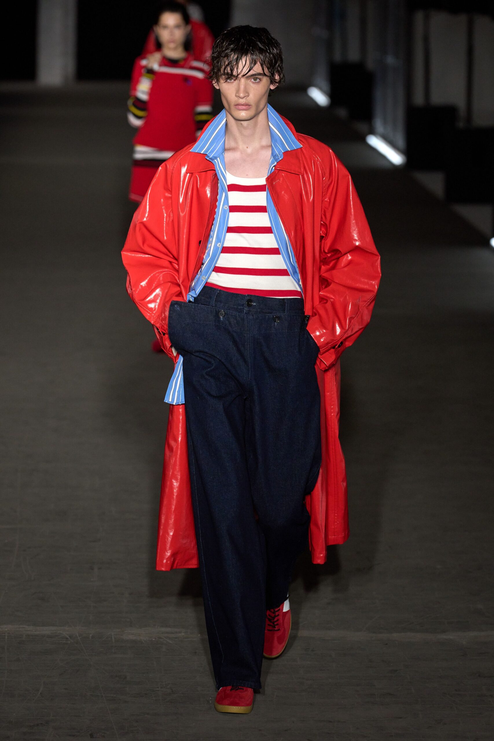 red vinyl long-sleeve collared oversized coat