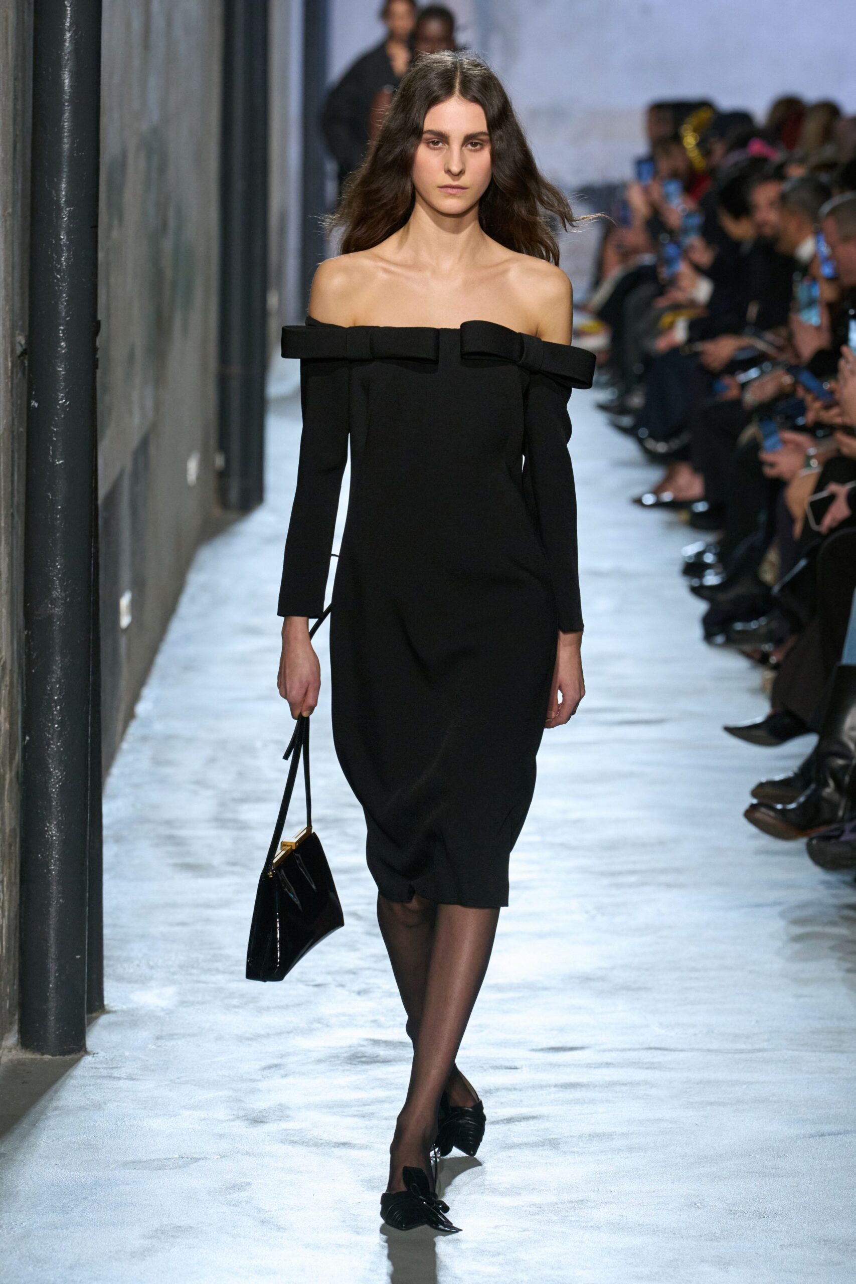 black cotton long-sleeve off-shoulder fitted pleated midi dress