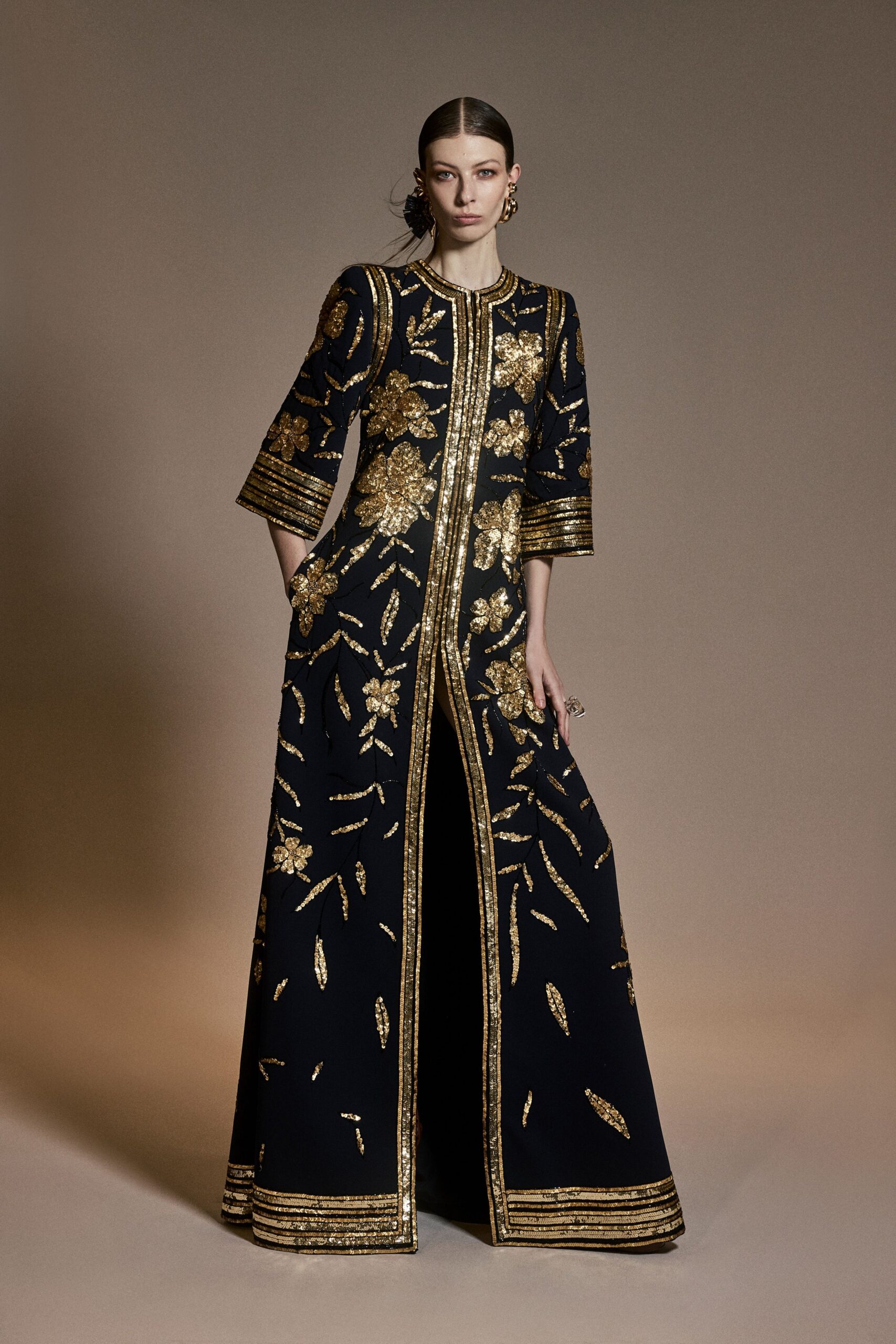 black silk embroidered gown