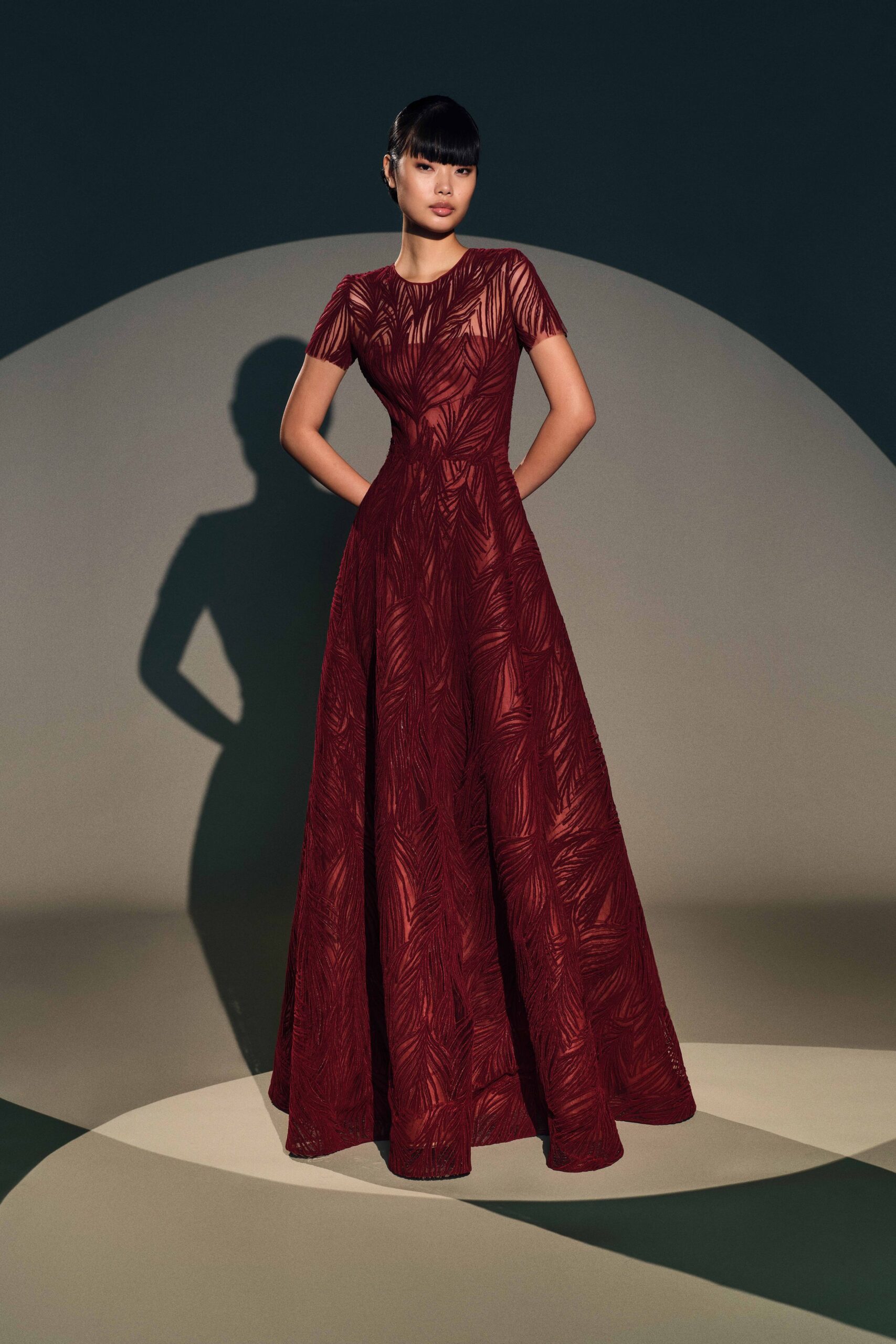 red lace short-sleeve gown