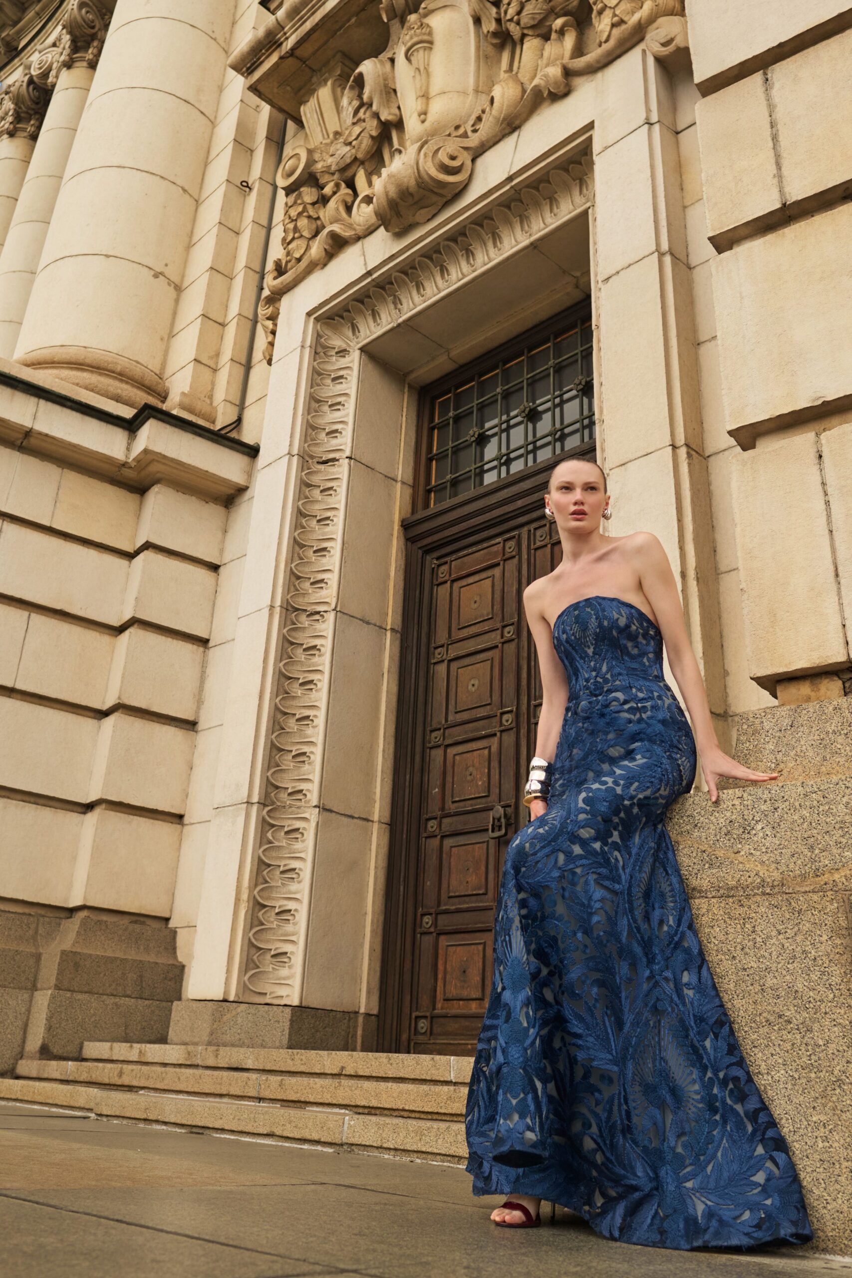 blue silk strapless fitted embroidered maxi gown