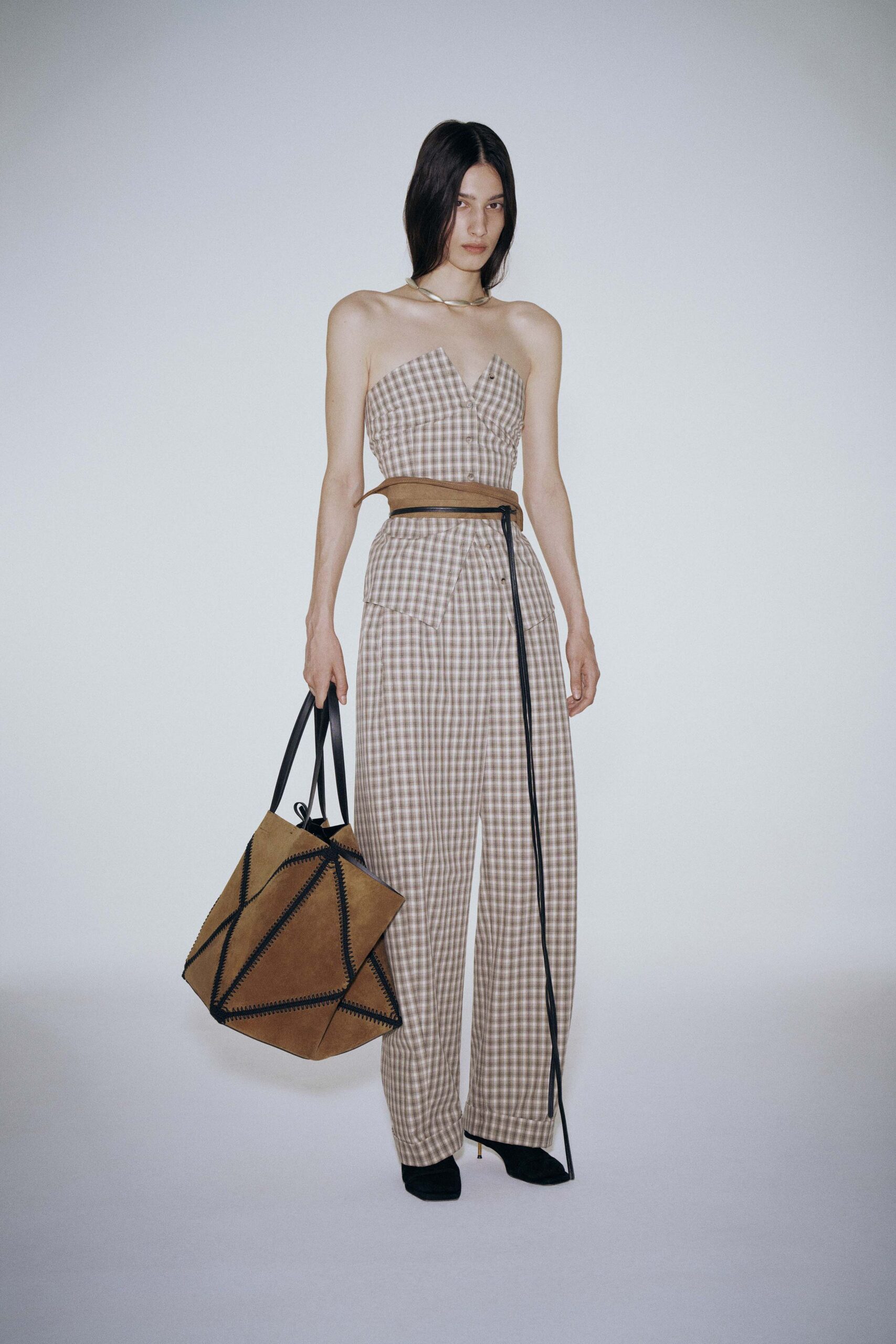 beige cotton sleeveless v-neck relaxed checked wide-leg jumpsuit