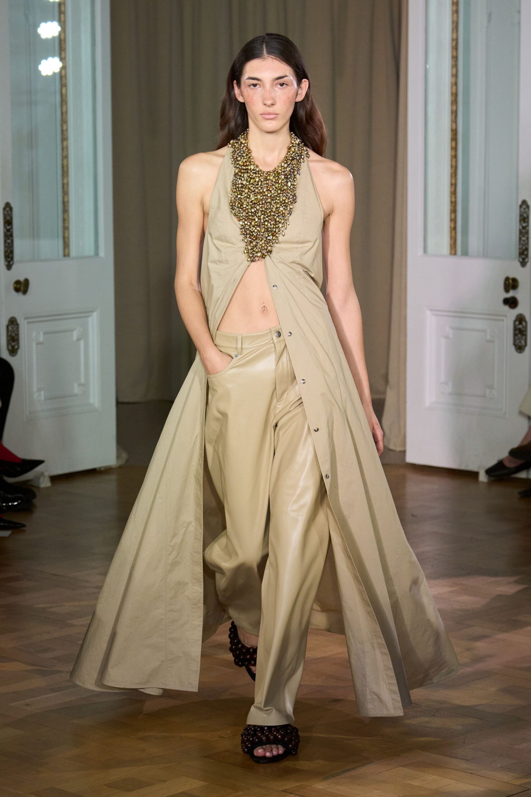beige cotton sleeveless v-neck relaxed buttoned maxi dress
