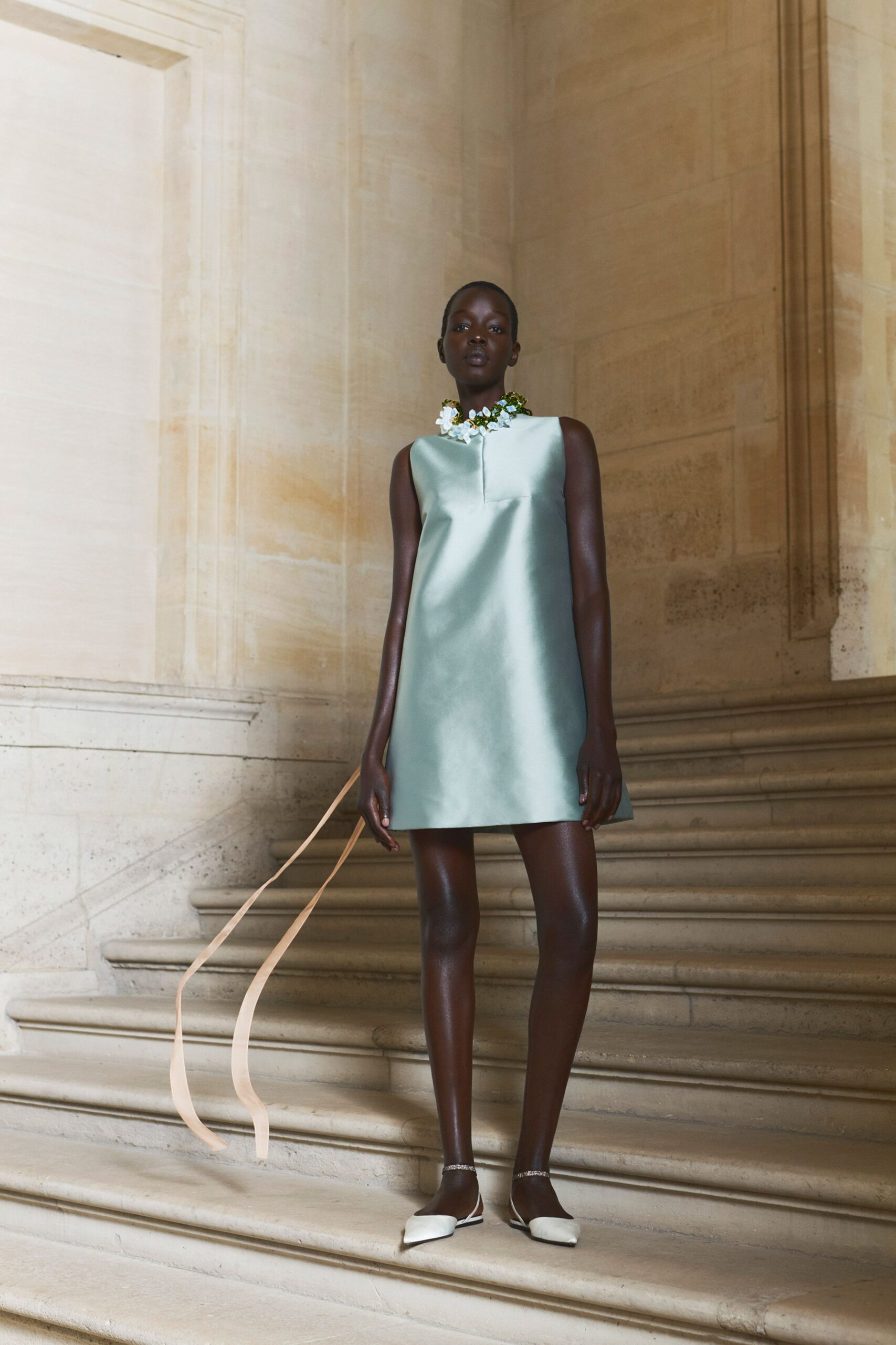 teal silk sleeveless high-neck fitted straight-leg shiny dress