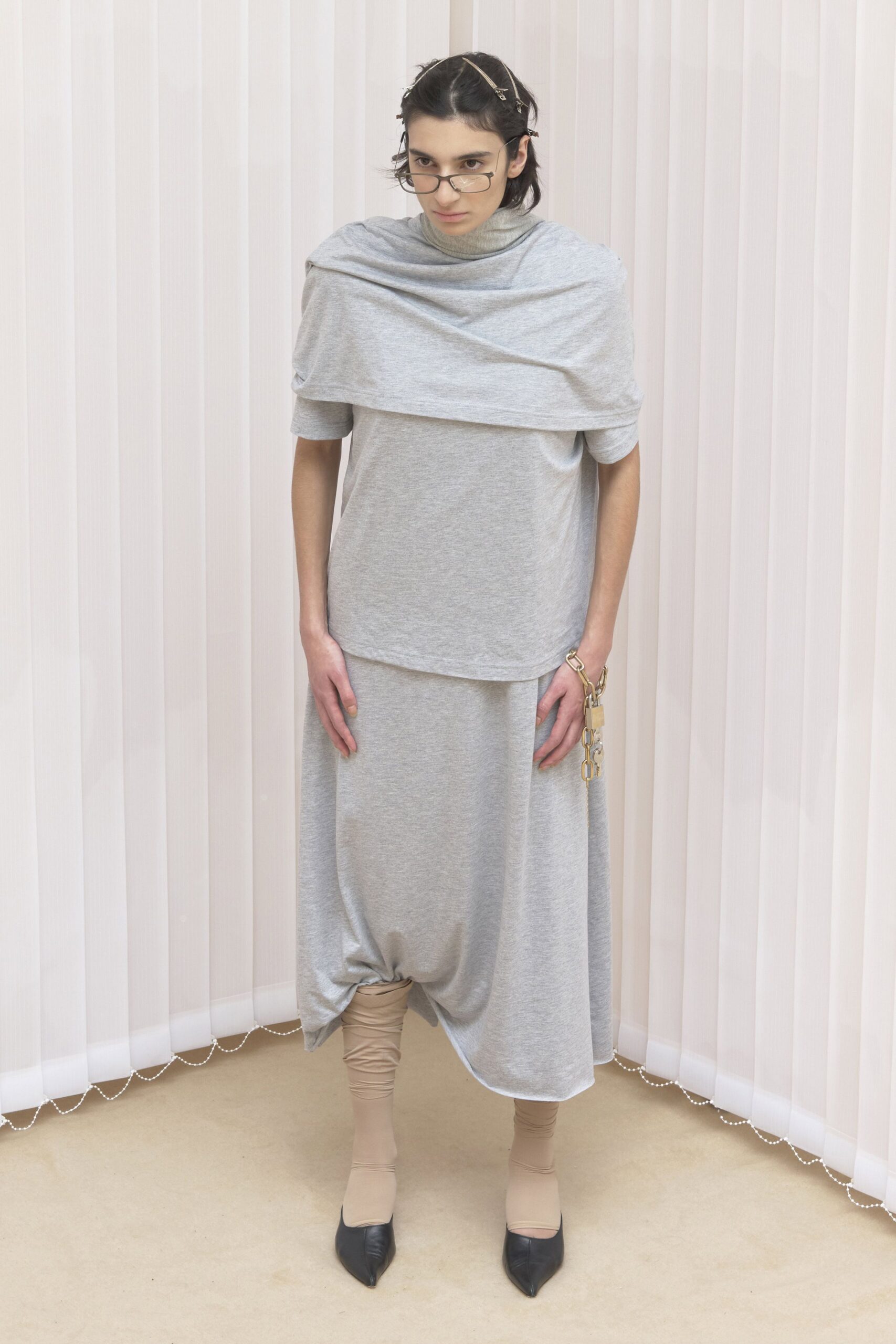 gray cotton sleeveless high-neck relaxed draped midi dress