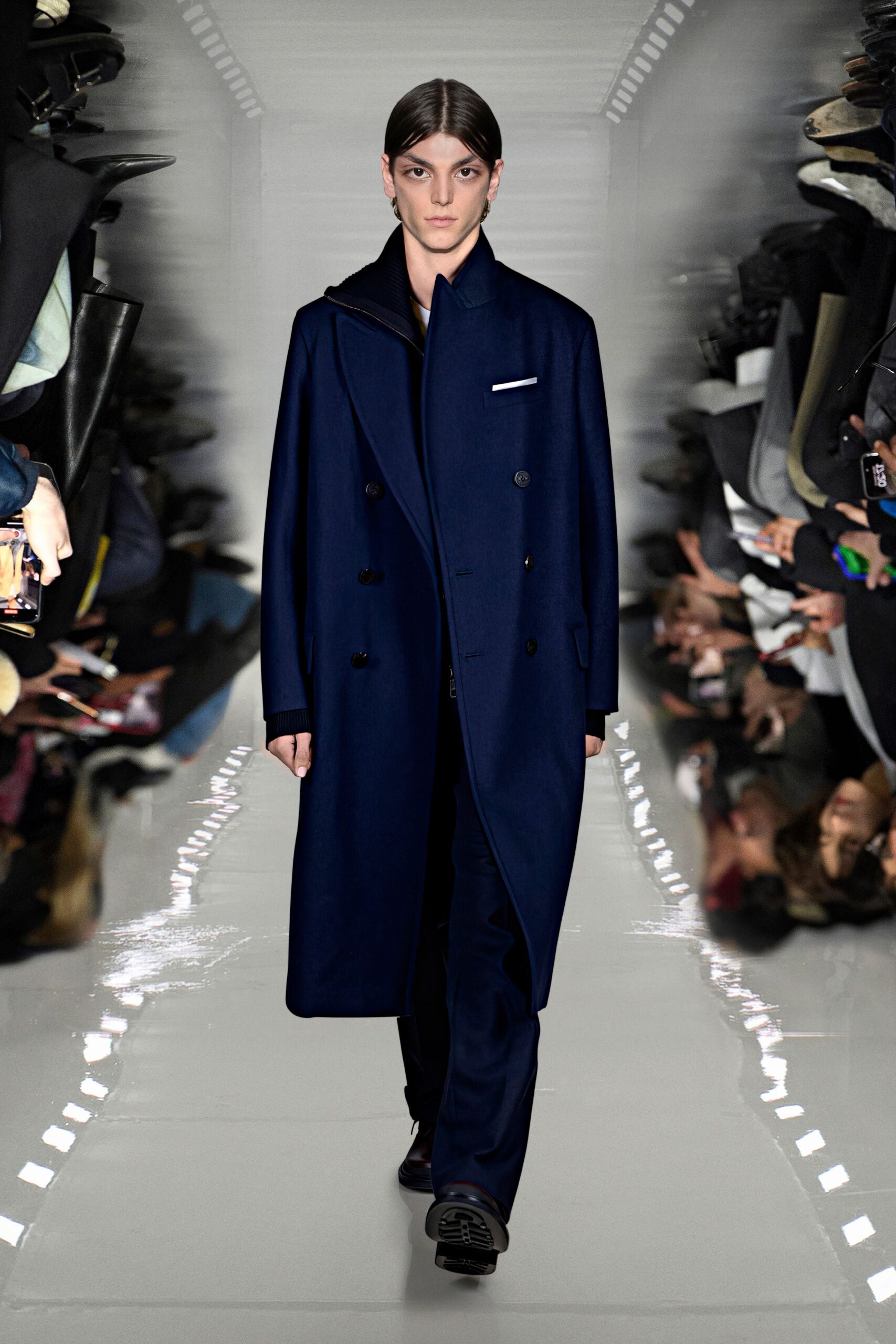 blue wool long-sleeve collared structured coat