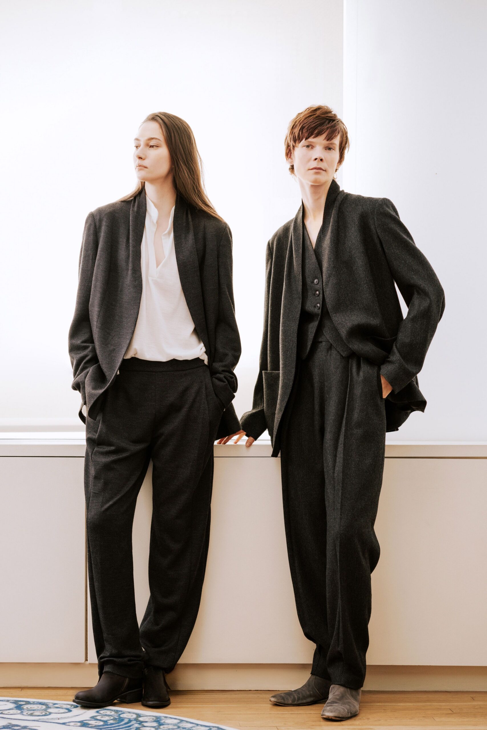 gray wool relaxed high-waisted pleated pants