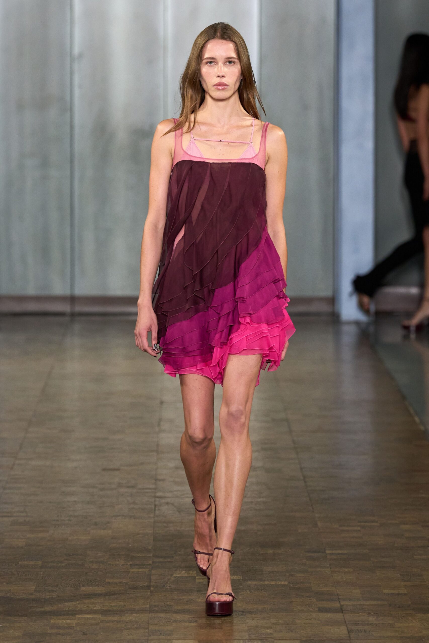 purple silk sleeveless v-neck fitted layered flowing dress
