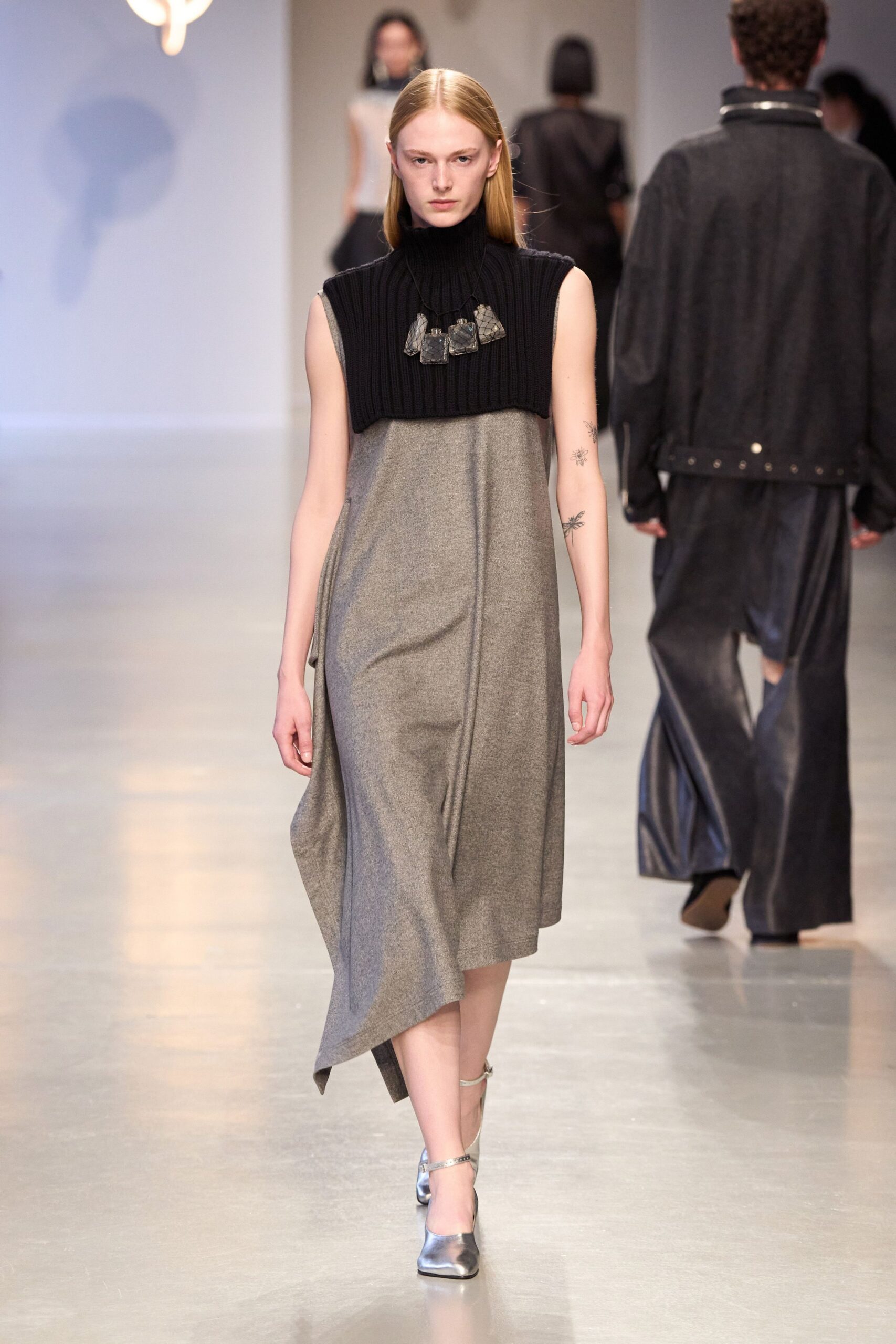 gray wool asymmetric midi dress with silver shoes
