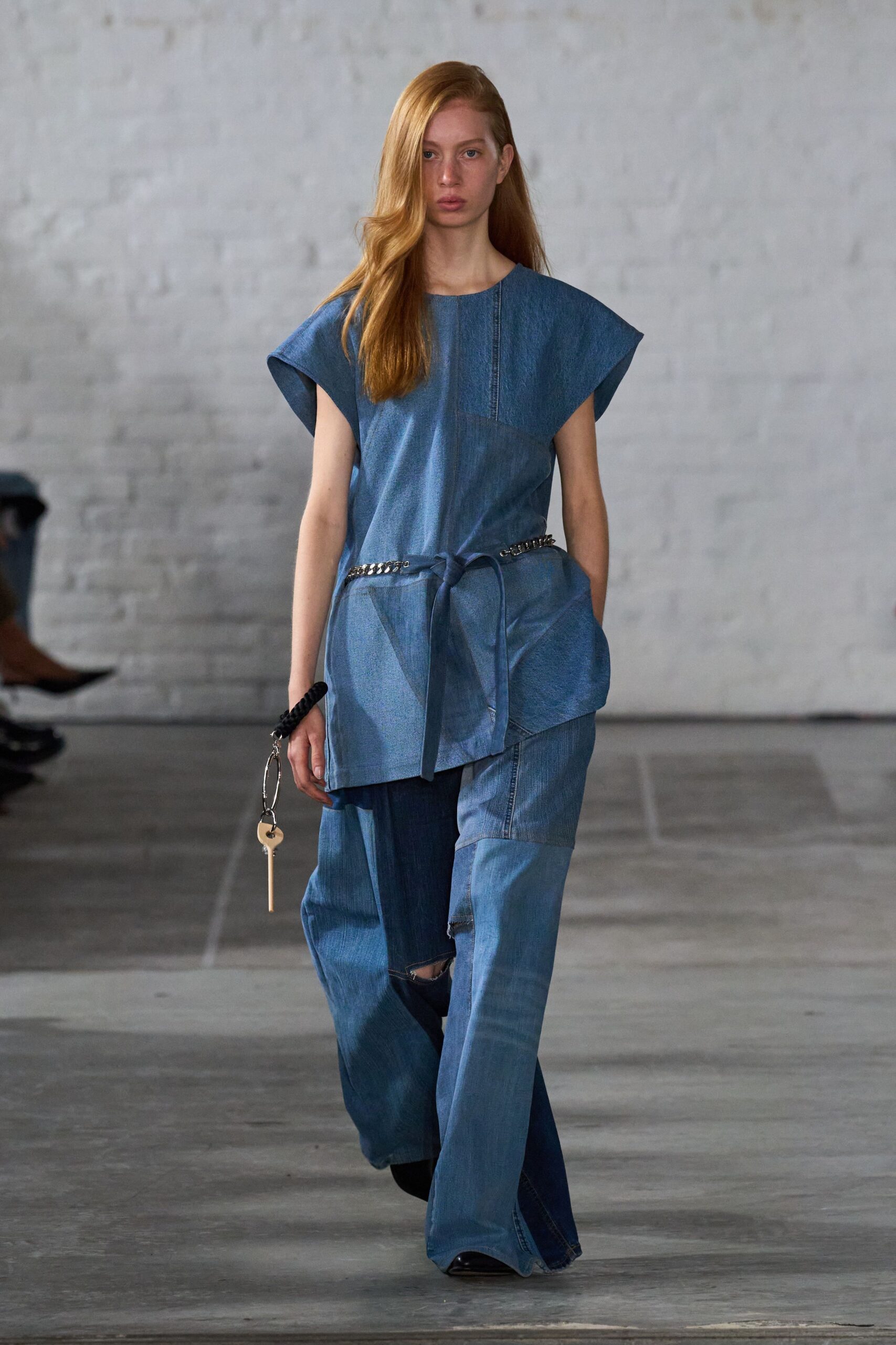 blue denim short-sleeve collared relaxed layered top