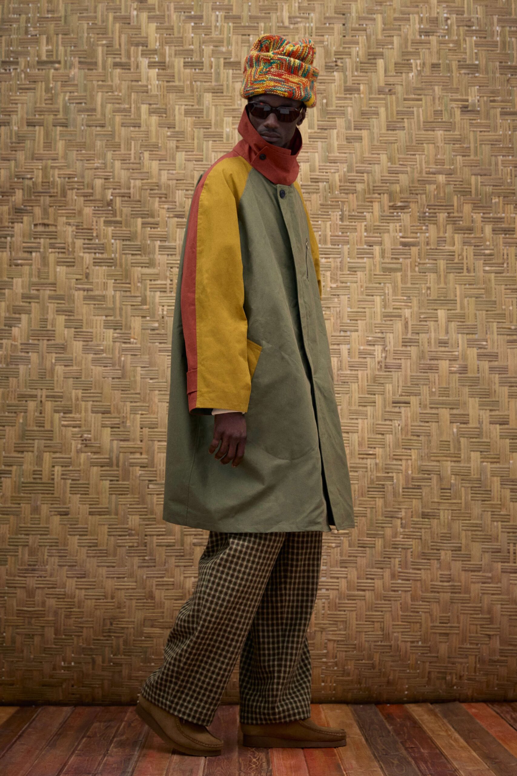 color-blocked coat with relaxed pants