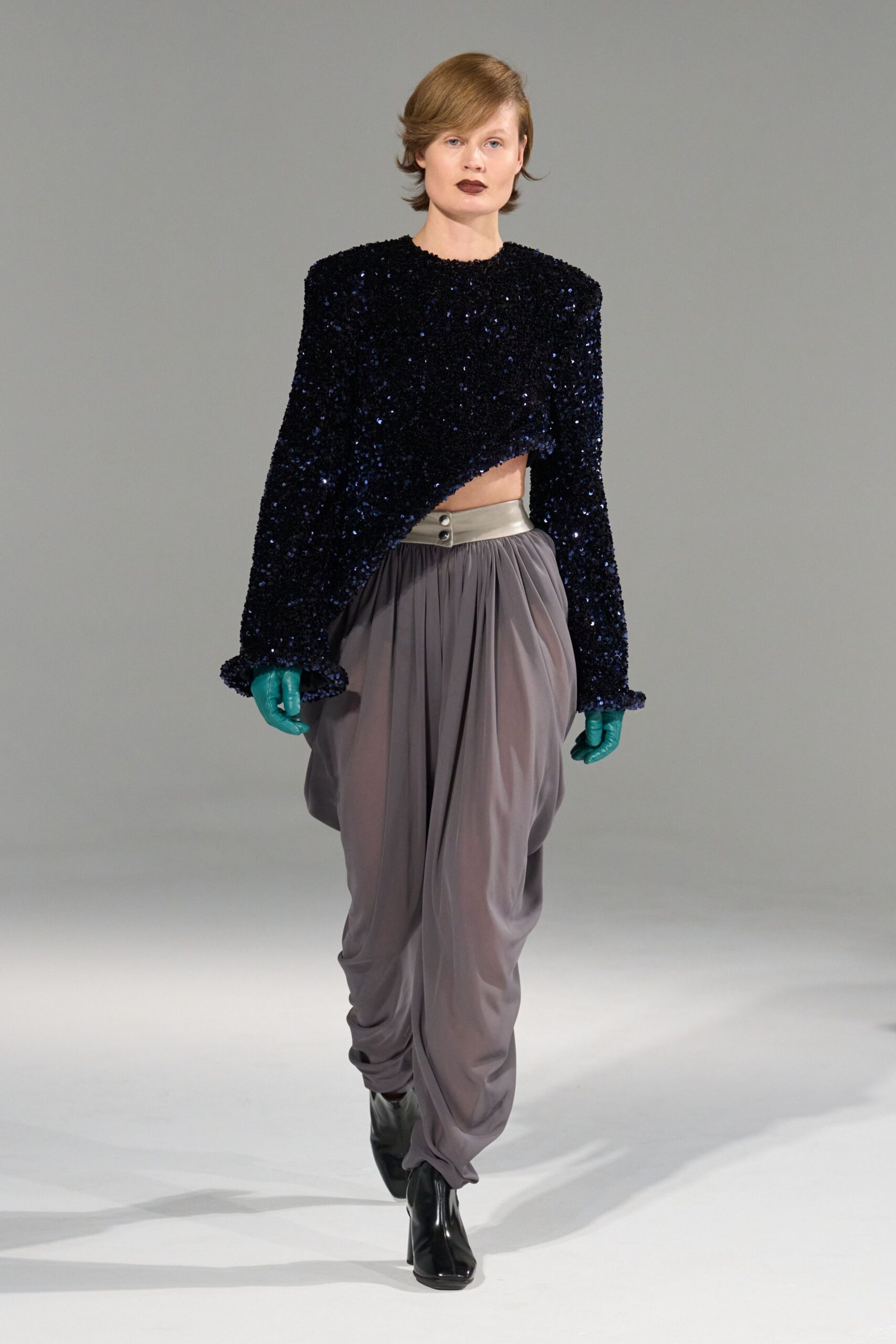 gray silk relaxed pleated flowing pants