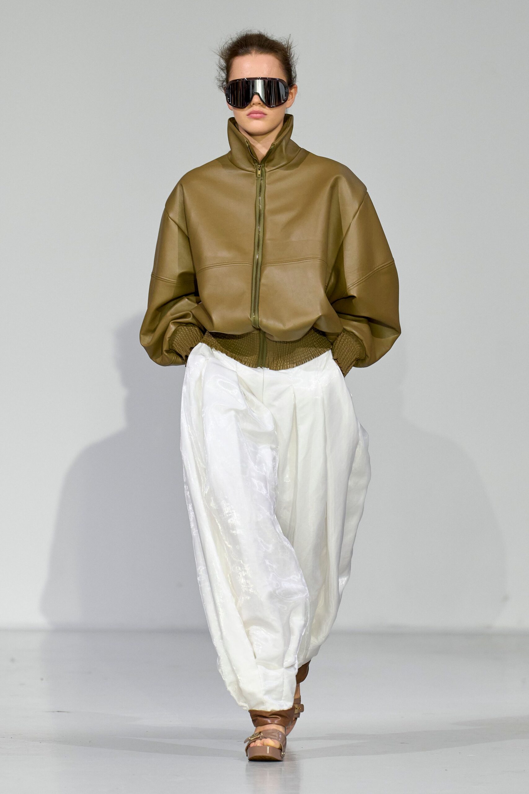 green leather long-sleeve collared oversized jacket