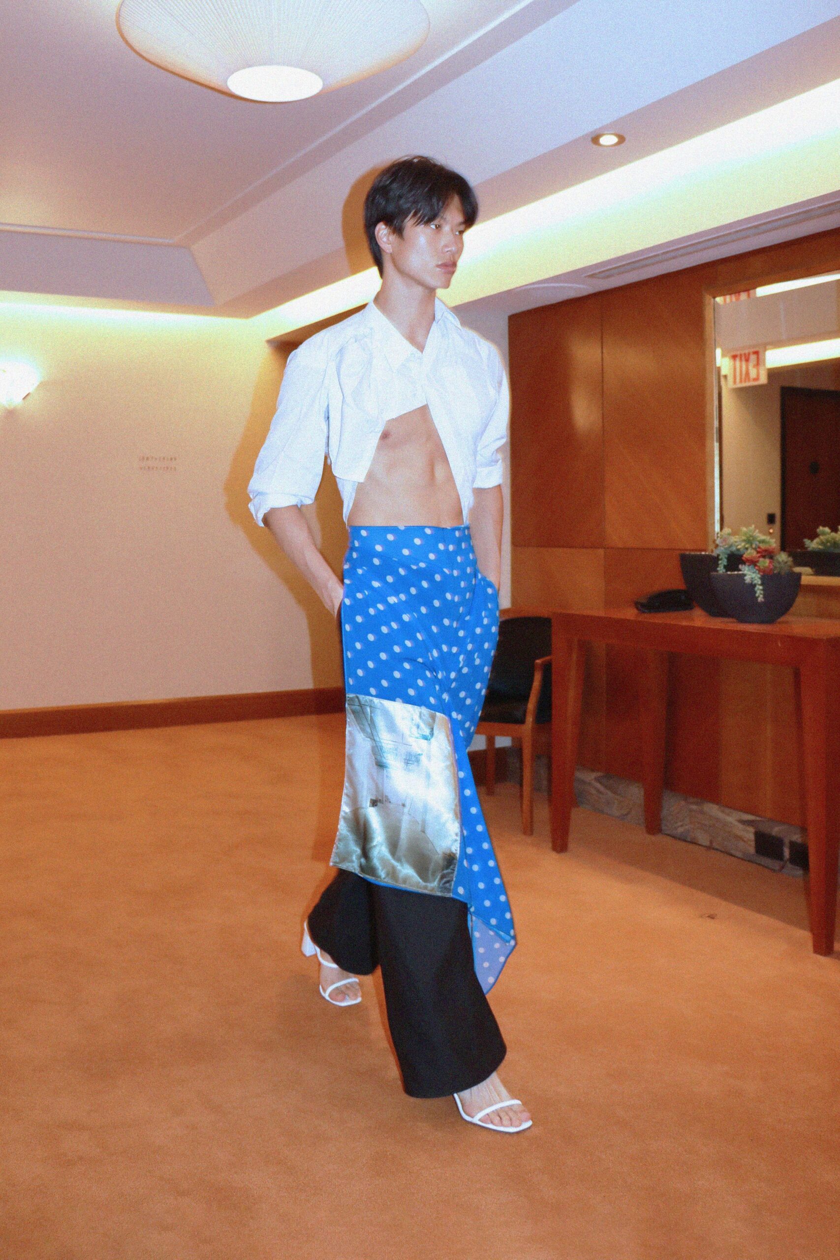 blue silk asymmetric relaxed printed flowing skirt