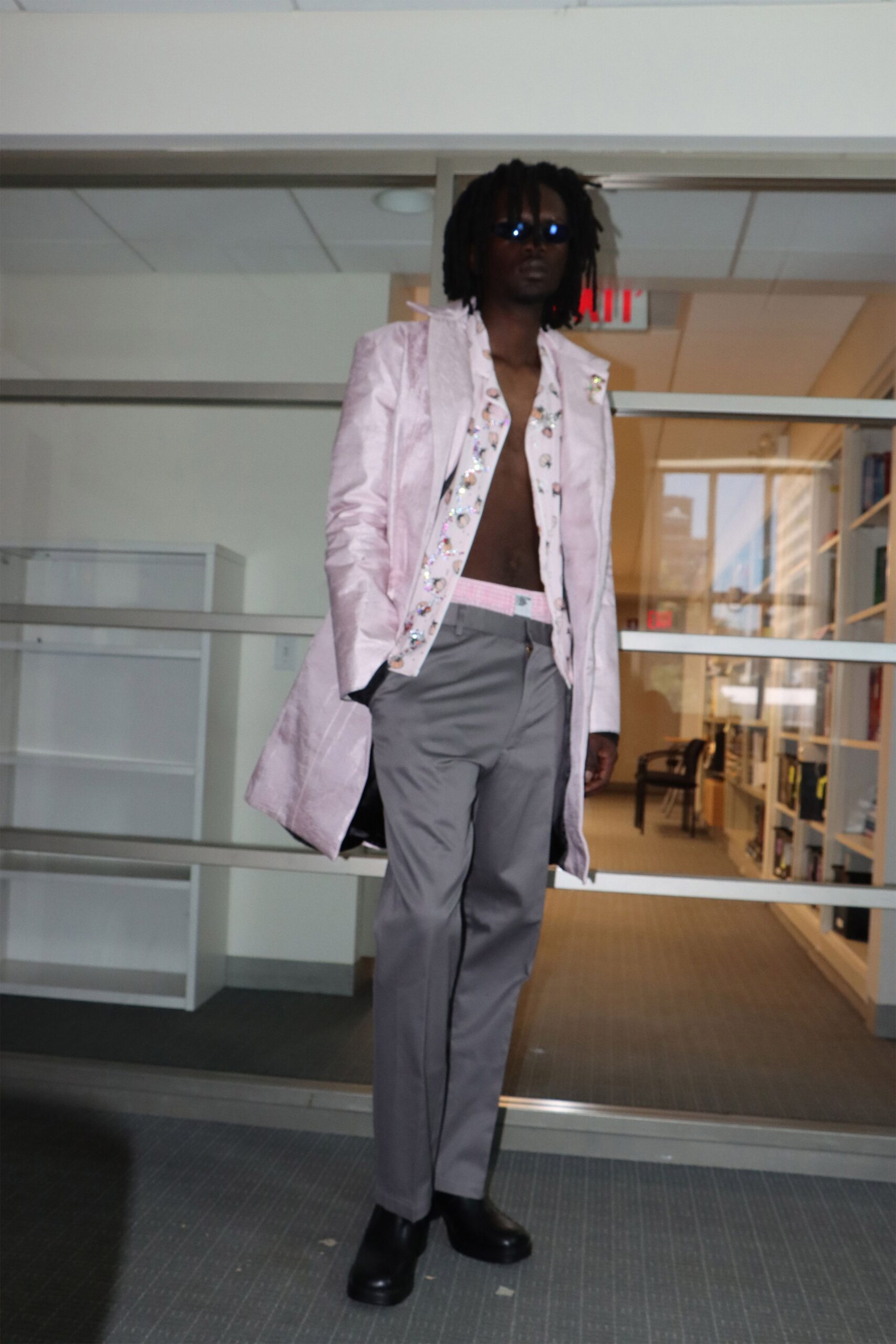 pink silk long-sleeve collared relaxed buttoned coat