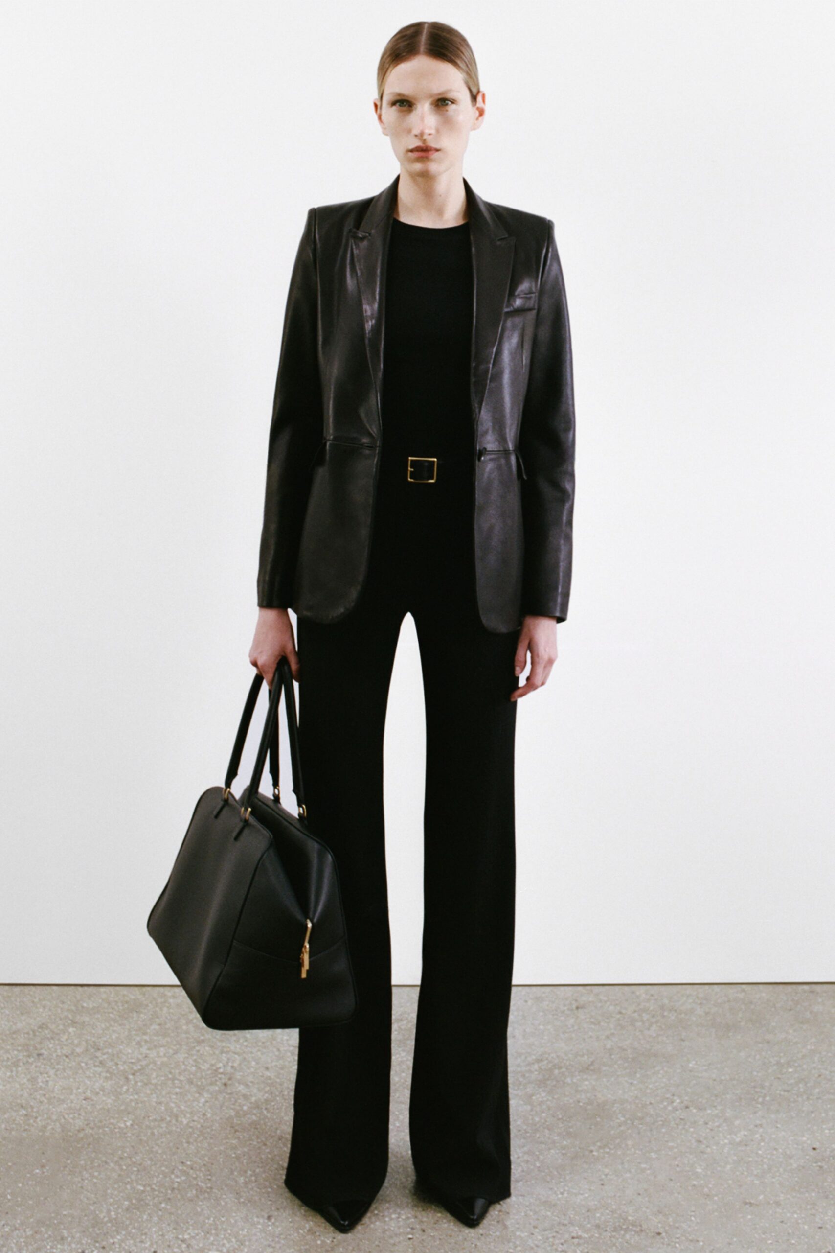 black leather blazer and jumpsuit