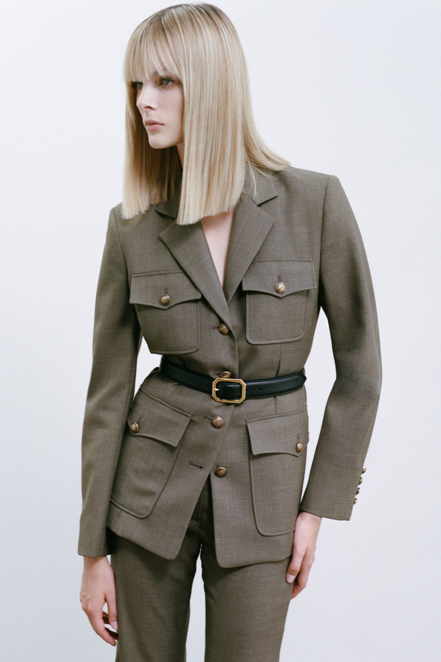 brown wool long-sleeve collared tailored buttoned pockets blazer