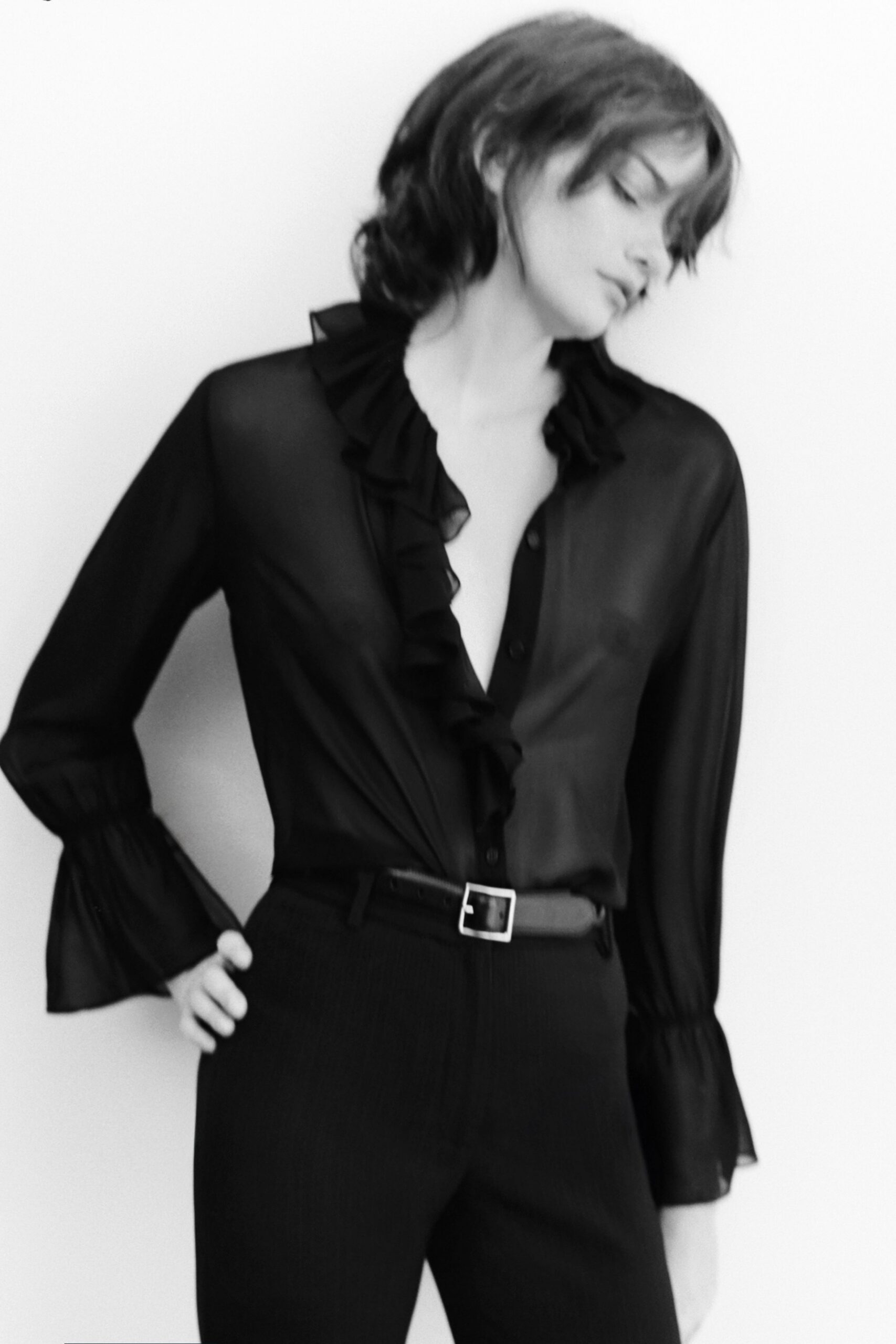 black silk long-sleeve v-neck fitted ruffled sheer shirt