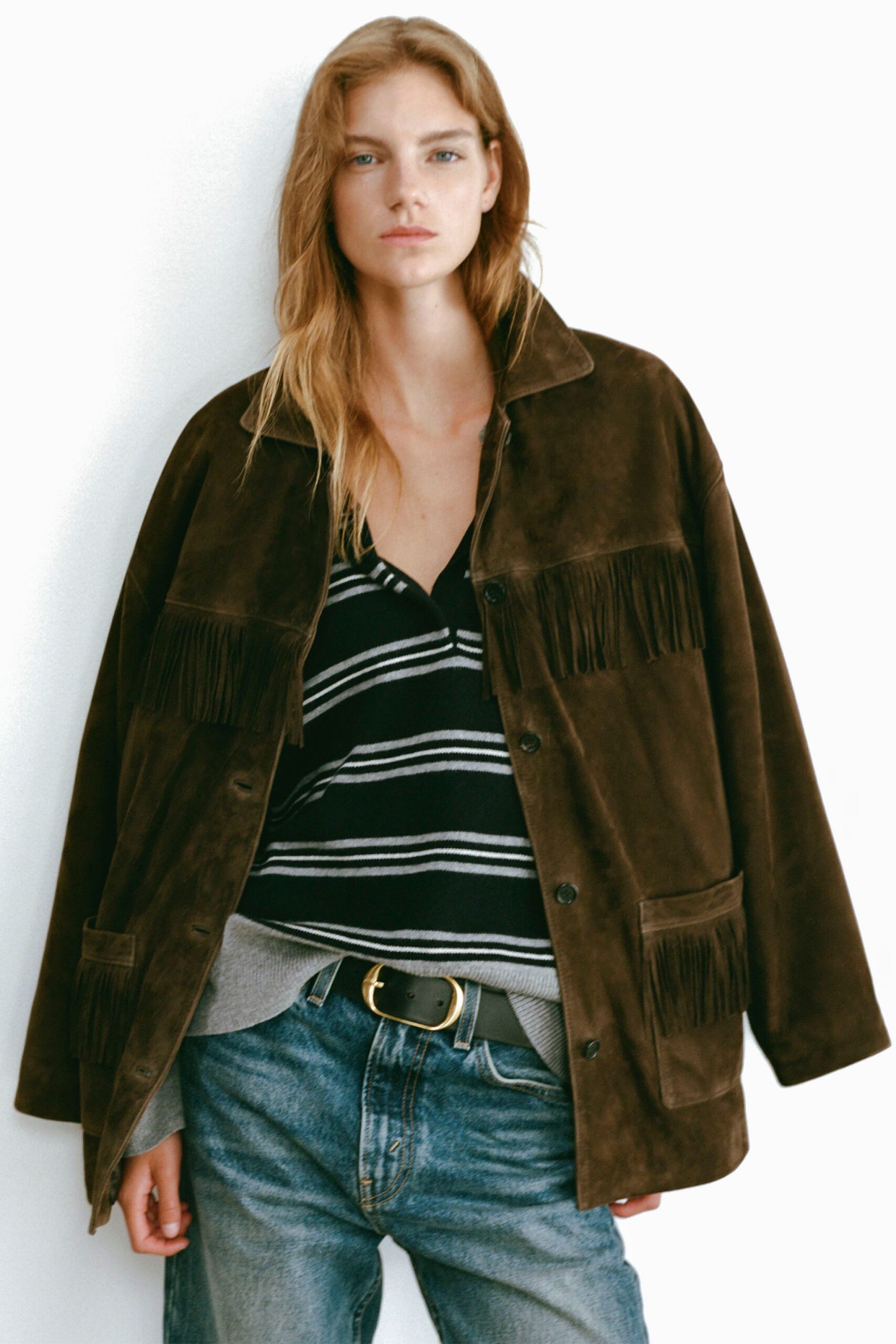 brown suede oversized fringed jacket
