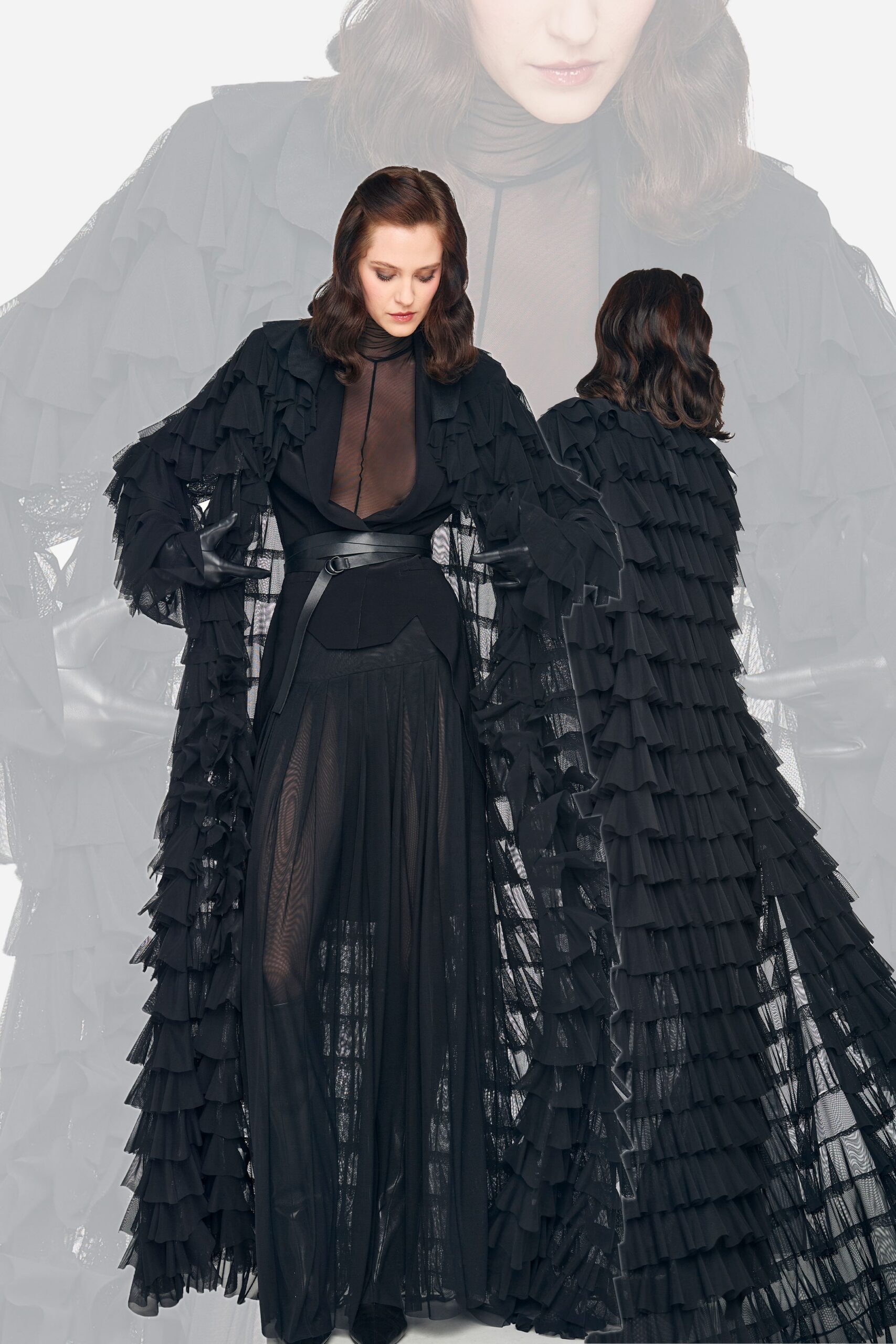black ruffled maxi dress with belt