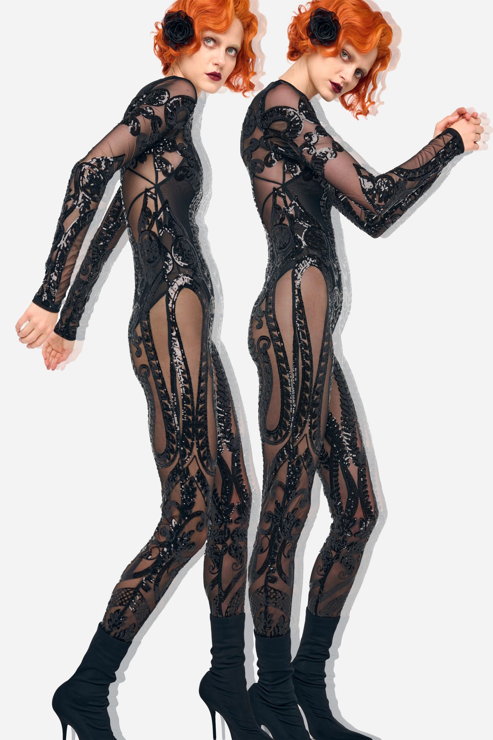 black lace long-sleeve v-neck fitted embroidered catsuit