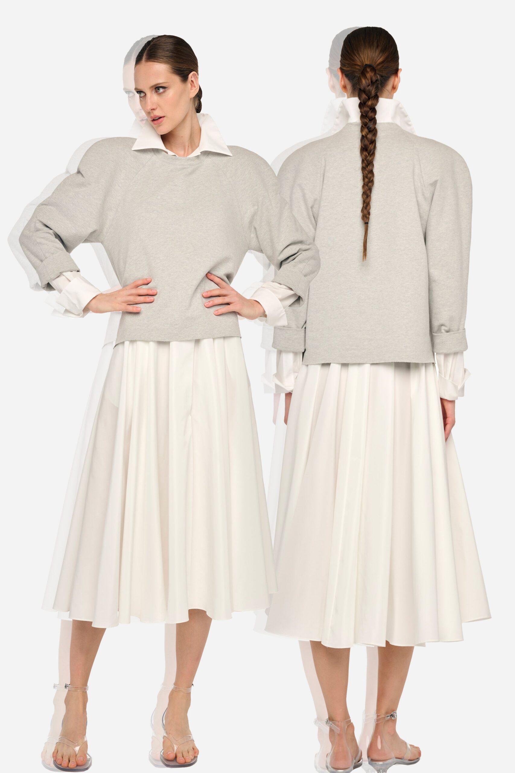 gray top white midi skirt