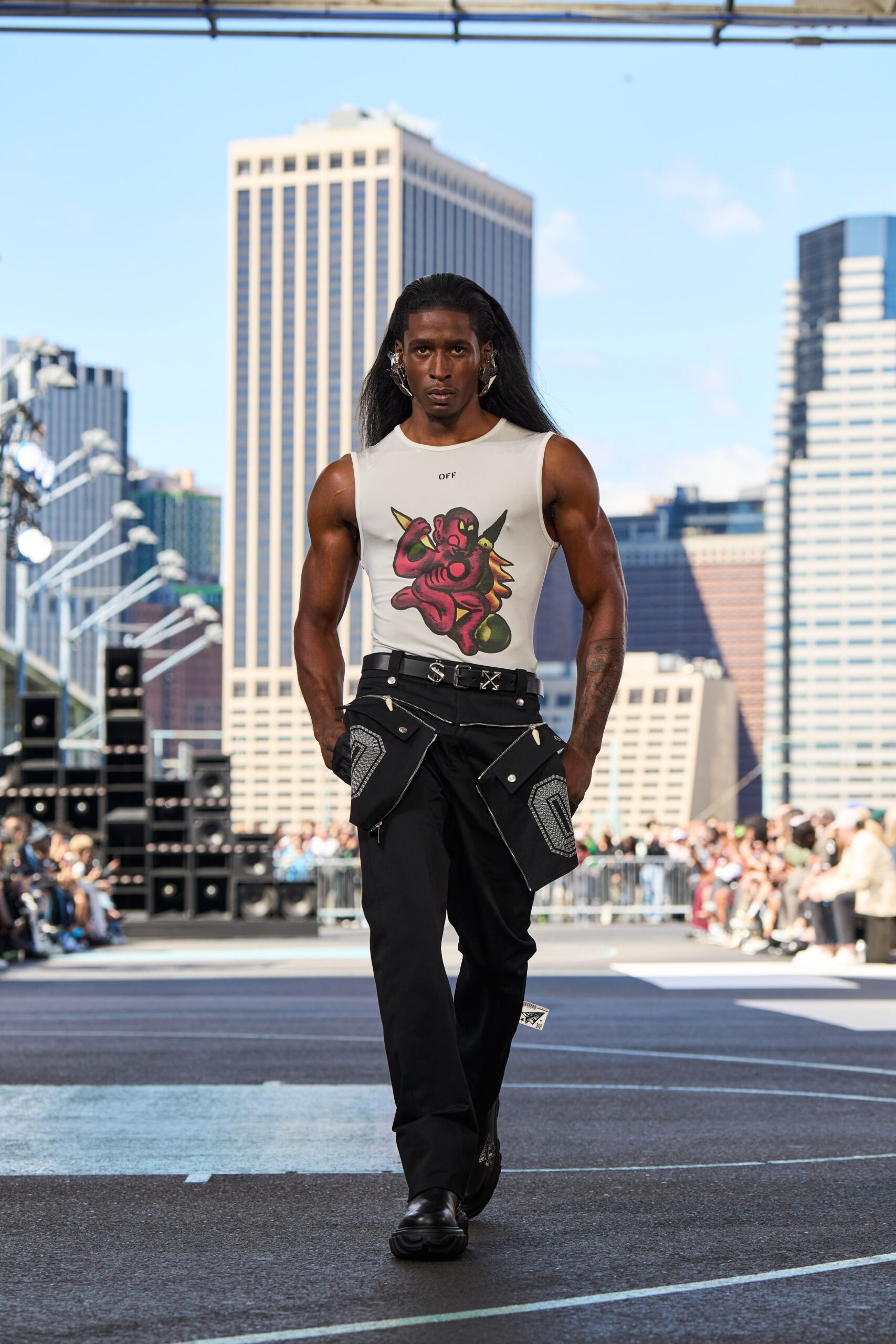 white cotton sleeveless high-neck fitted printed tank-top