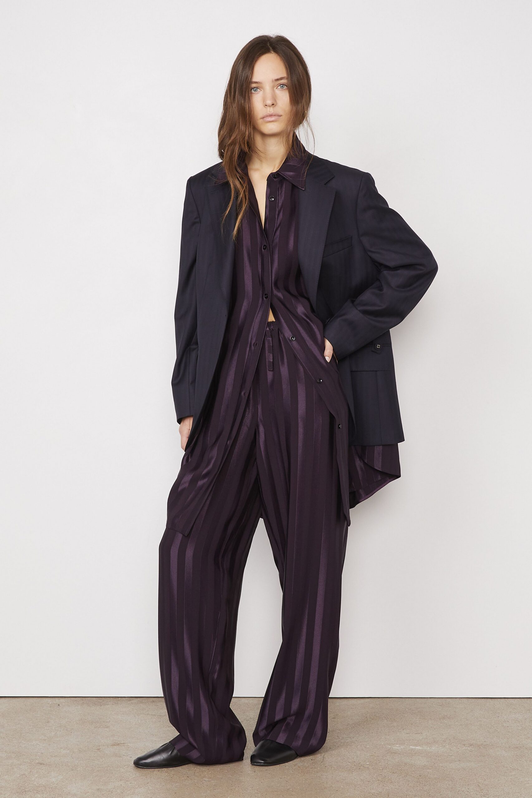 black blazer purple striped shirt pants