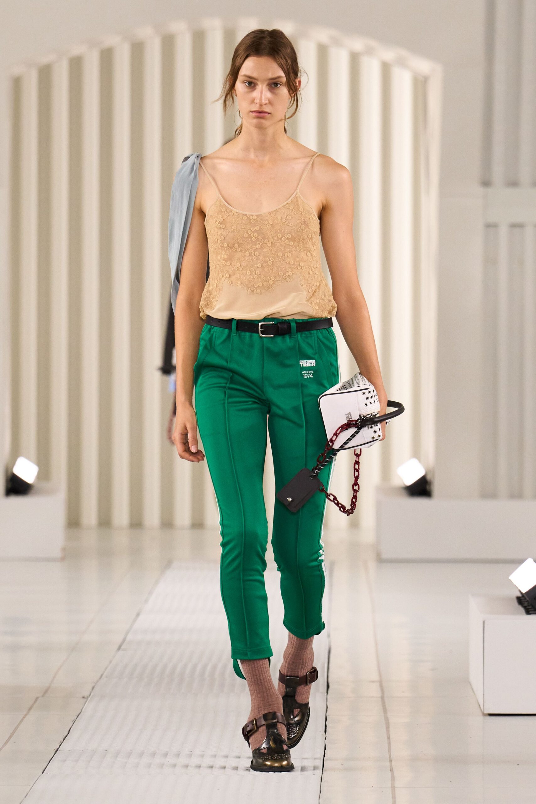 green cotton slim zippered pants