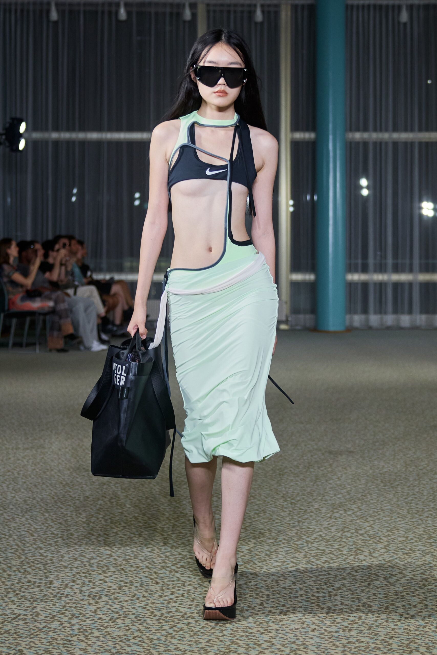 green cotton asymmetric fitted high-waisted midi skirt