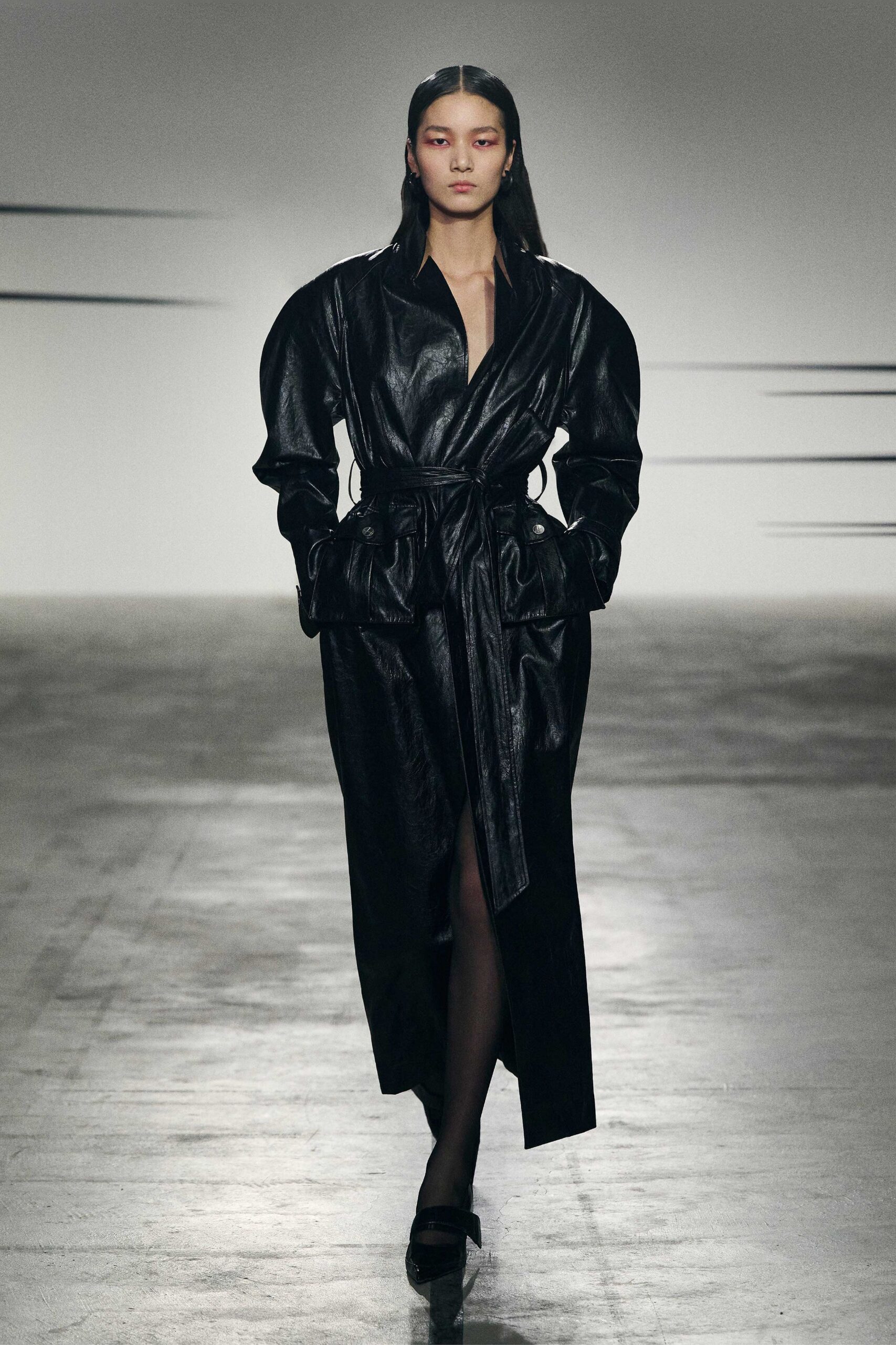 black leather long-sleeve collared fitted belted maxi coat