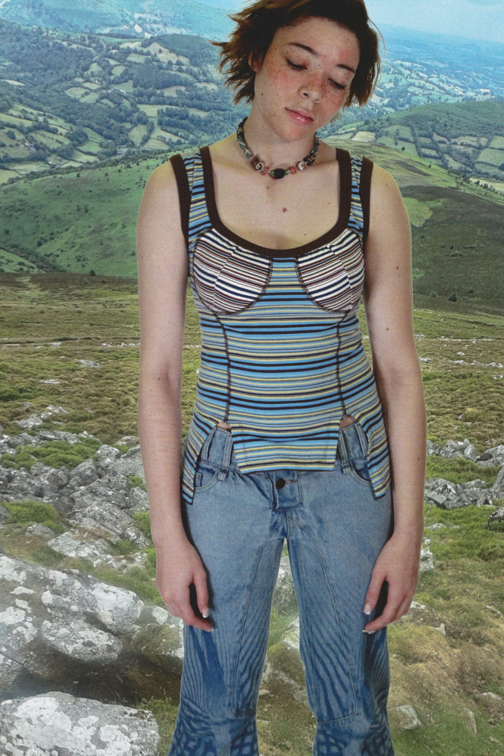 blue cotton sleeveless scoop-neck fitted striped tank-top