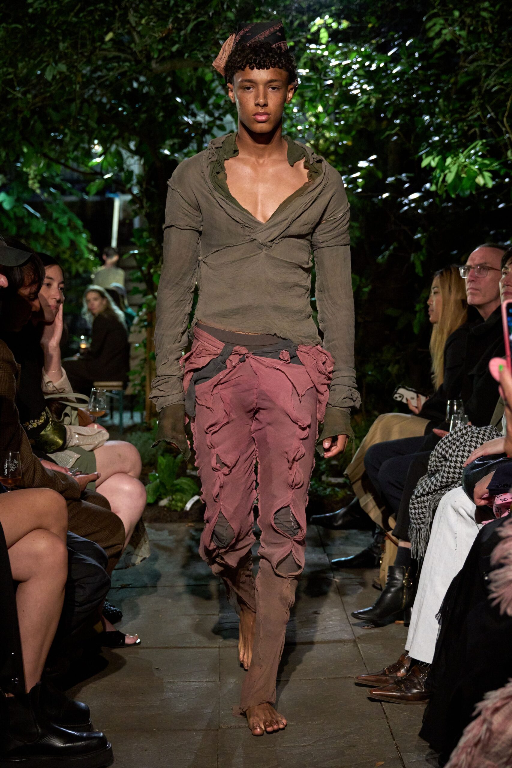 pink cotton fitted zippered fringed pants