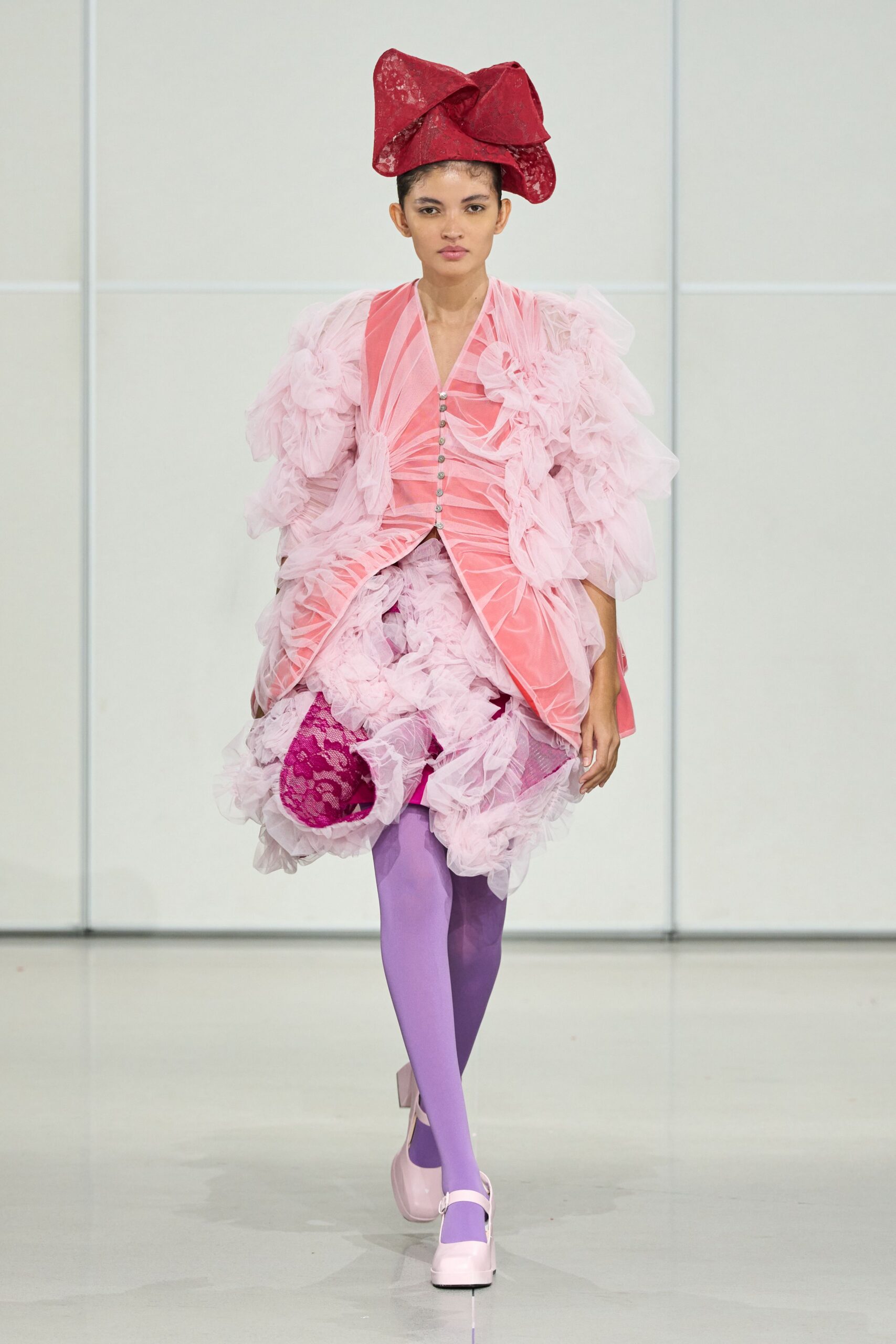 pink tulle sleeveless v-neck fitted ruffled layered dress