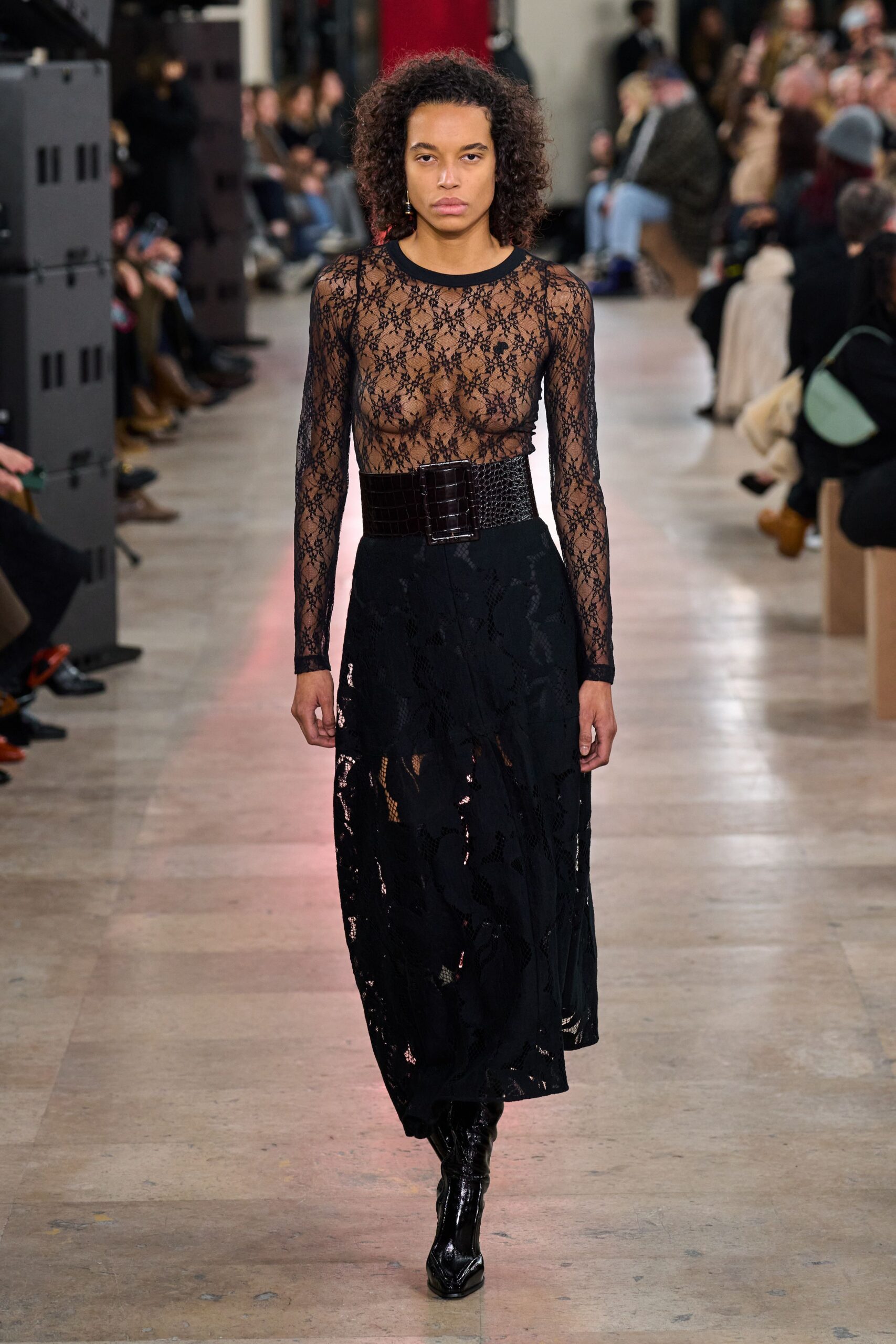black lace long-sleeve v-neck fitted sheer textured top