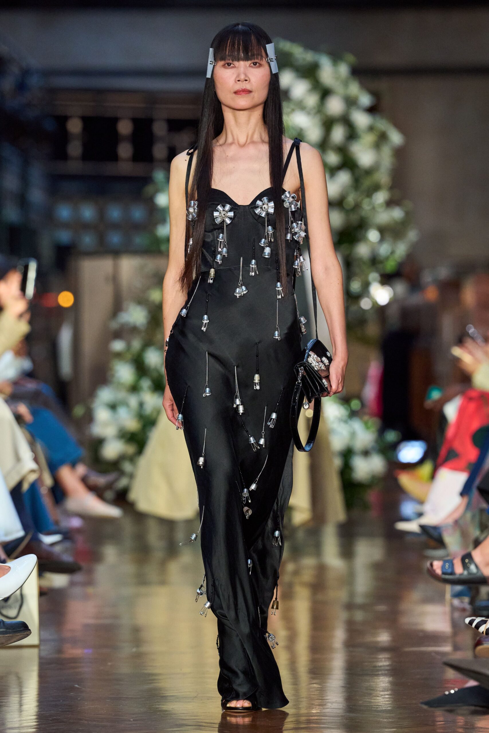 black silk embellished midi dress