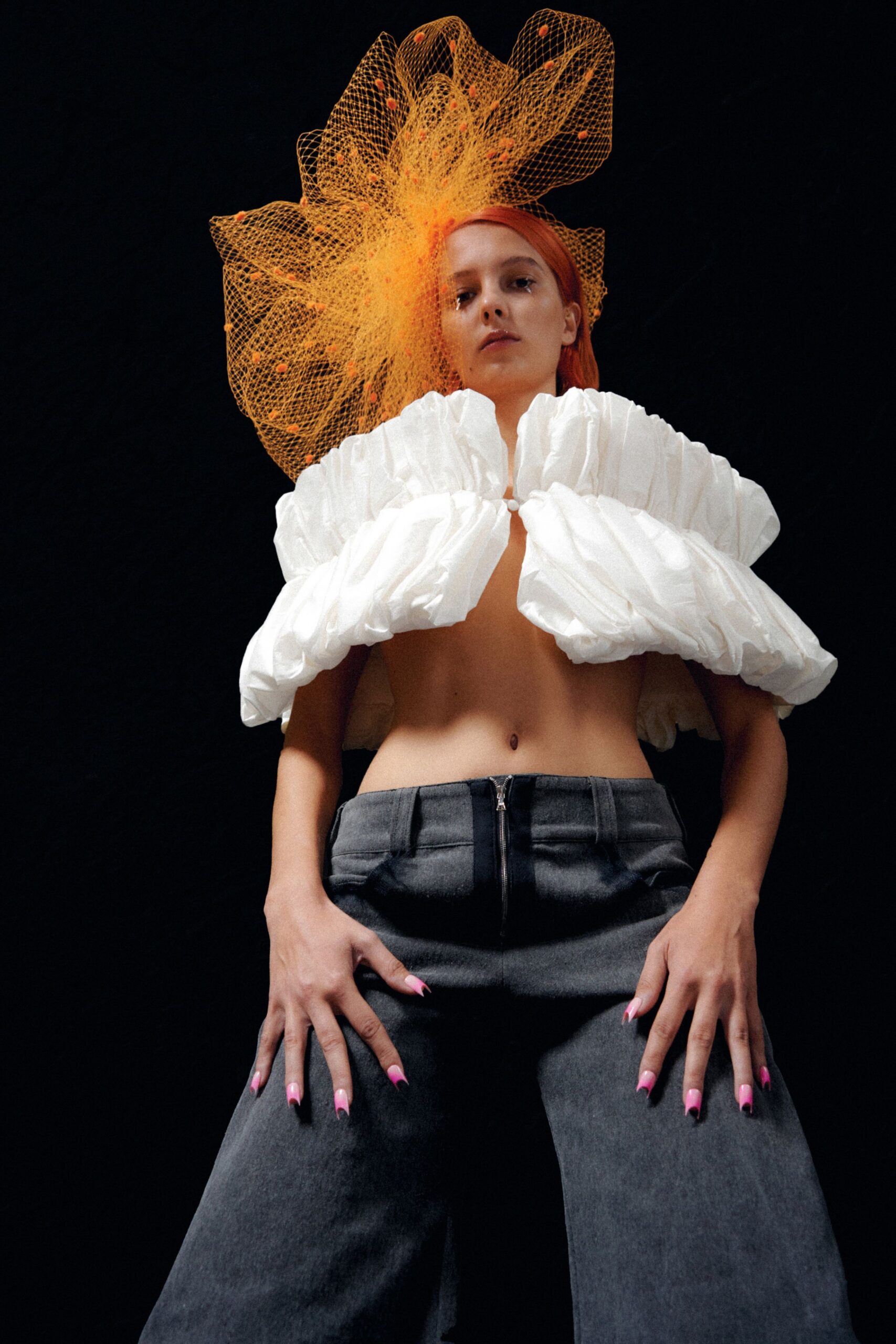 orange tulle fringed hat