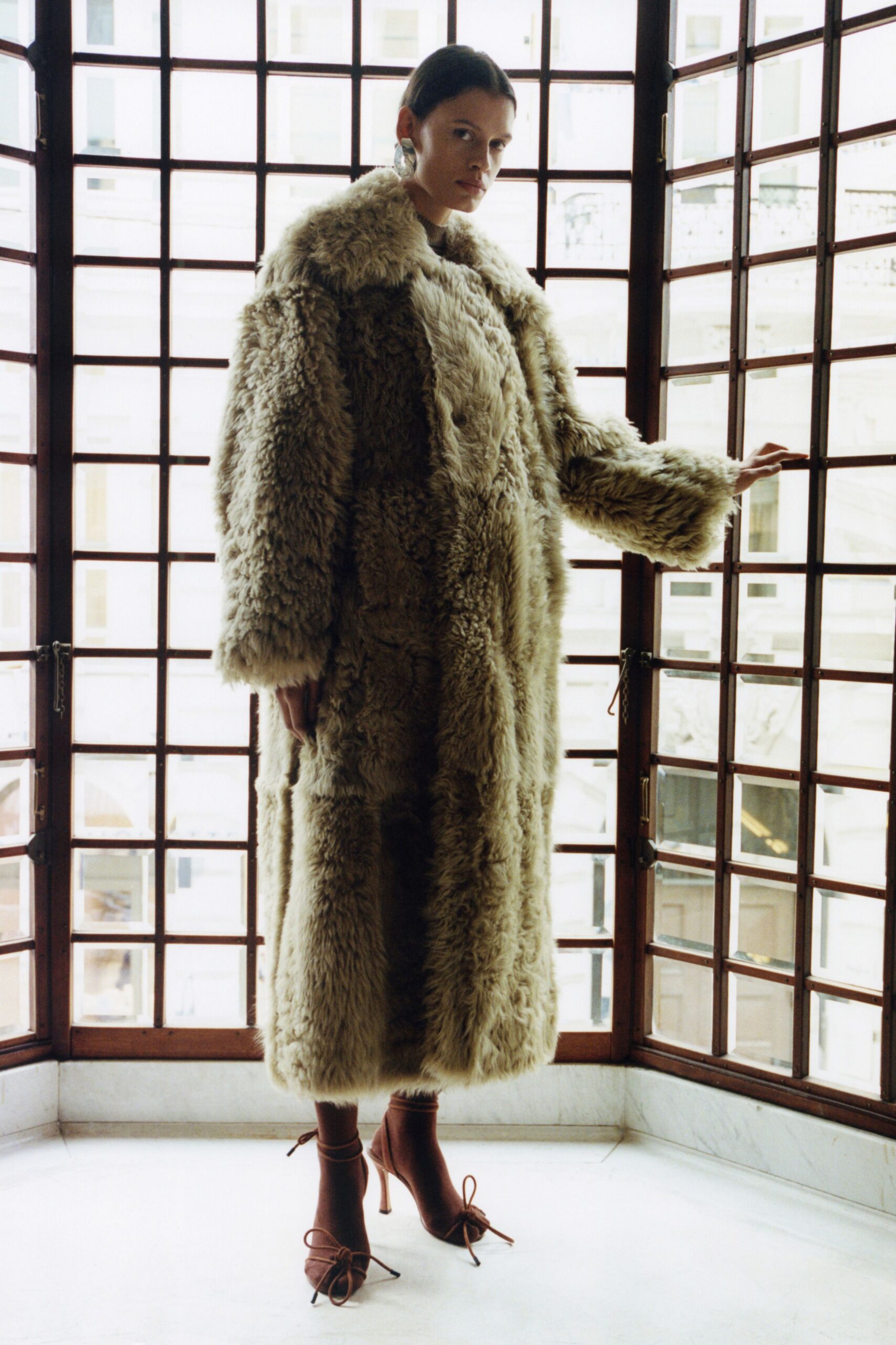 beige fur long-sleeve relaxed layered maxi coat