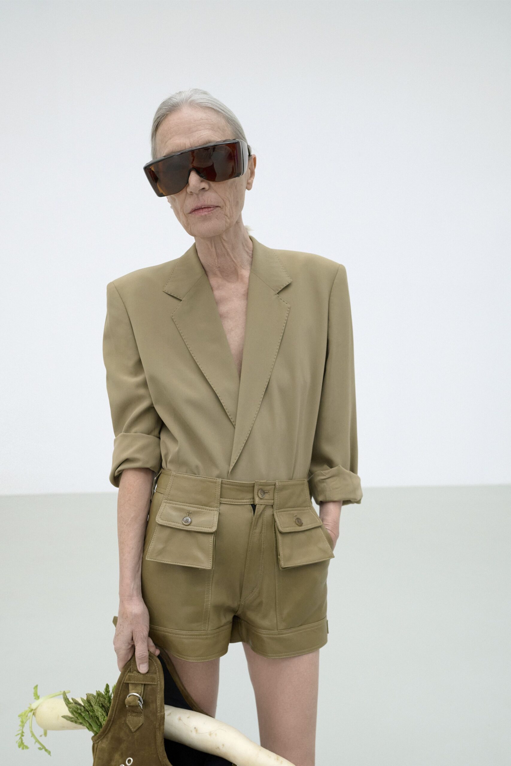 beige silk long-sleeve v-neck tailored buttoned blazer