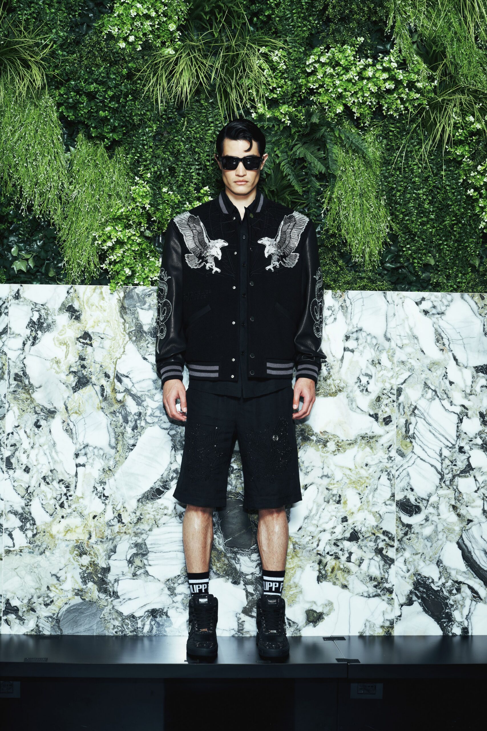 black embroidered jacket and shorts