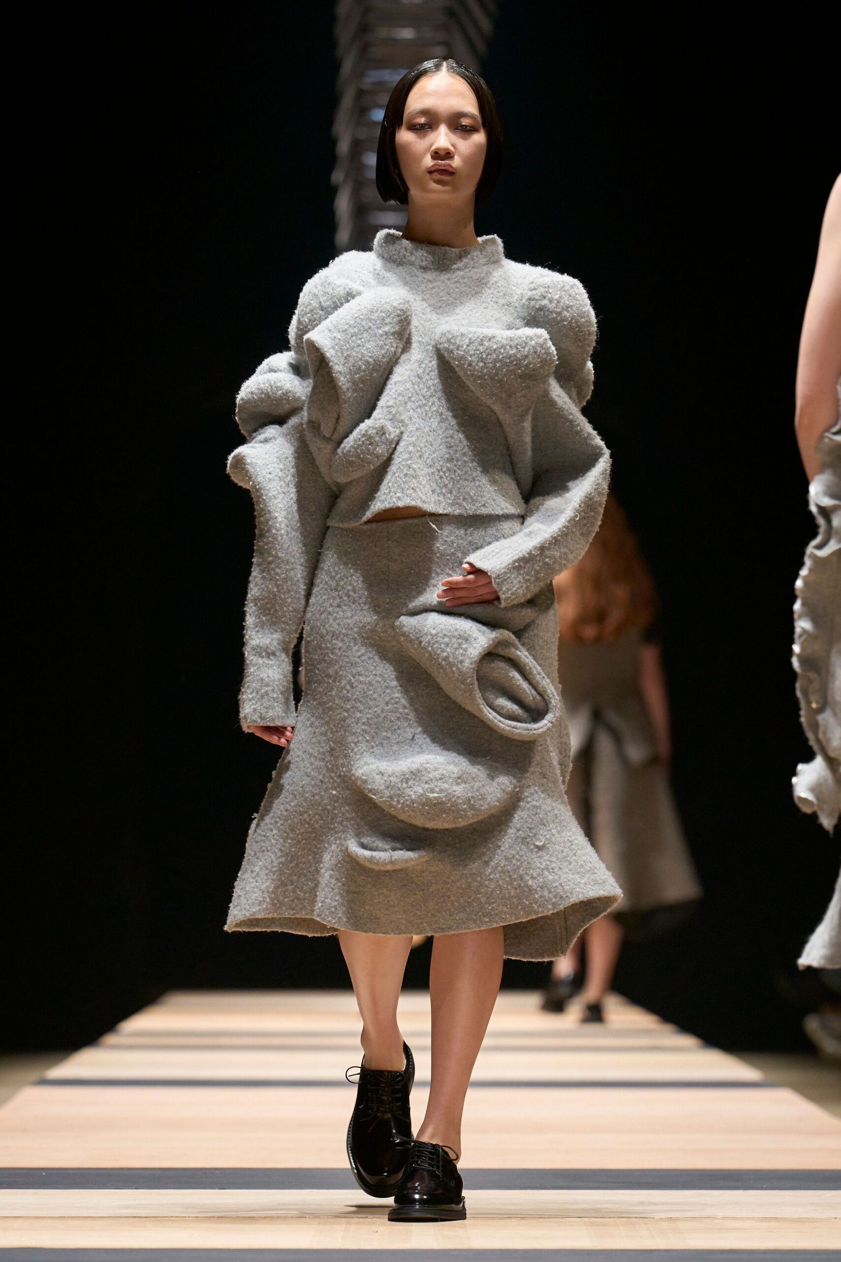 gray wool fitted ruffled midi skirt