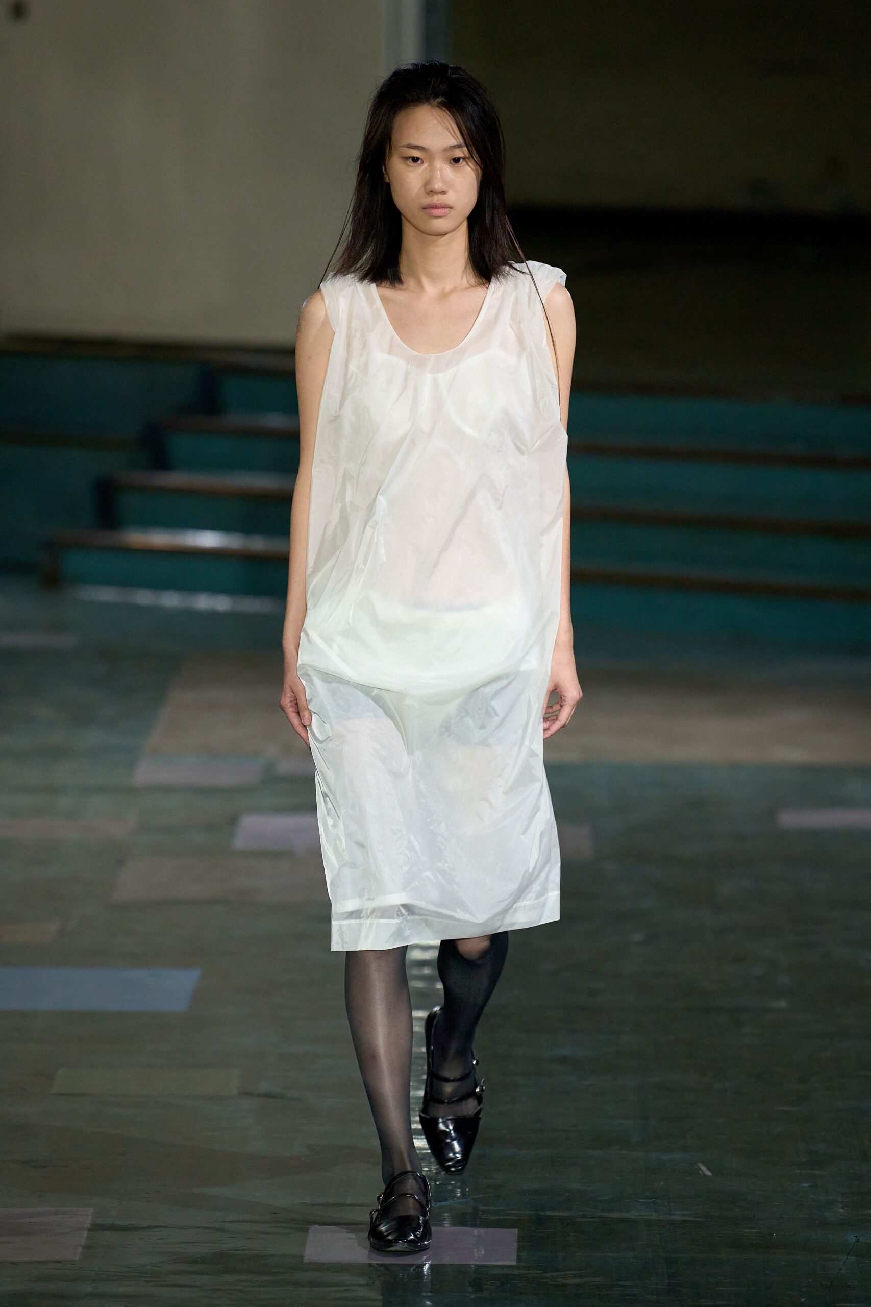 white silk sleeveless v-neck relaxed layered sheer dress