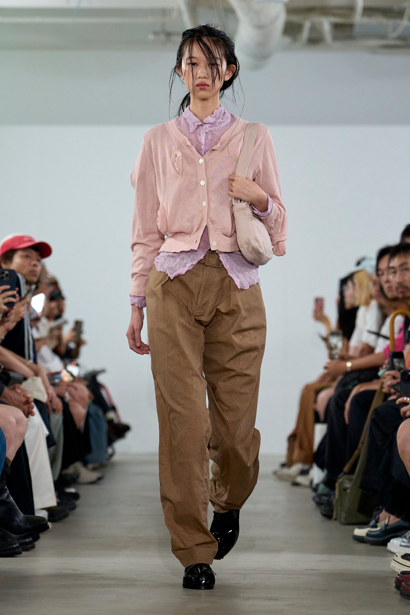 pink cotton long-sleeve collared relaxed buttoned cardigan