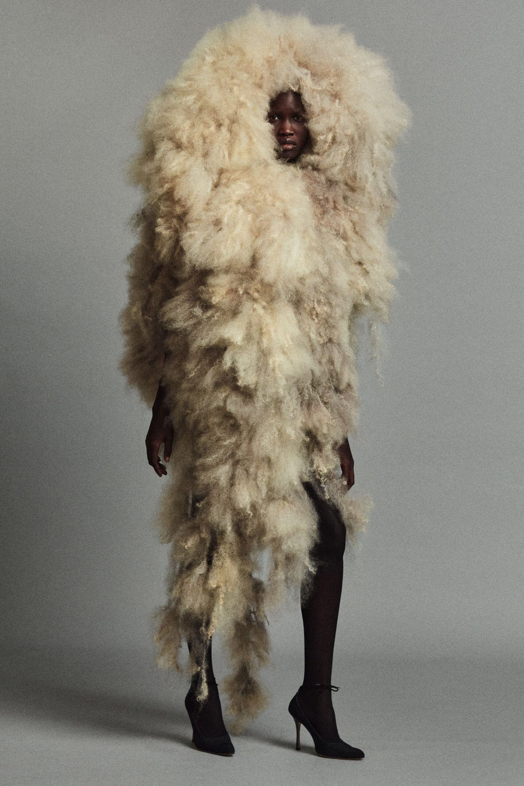 beige fur relaxed layered maxi coat