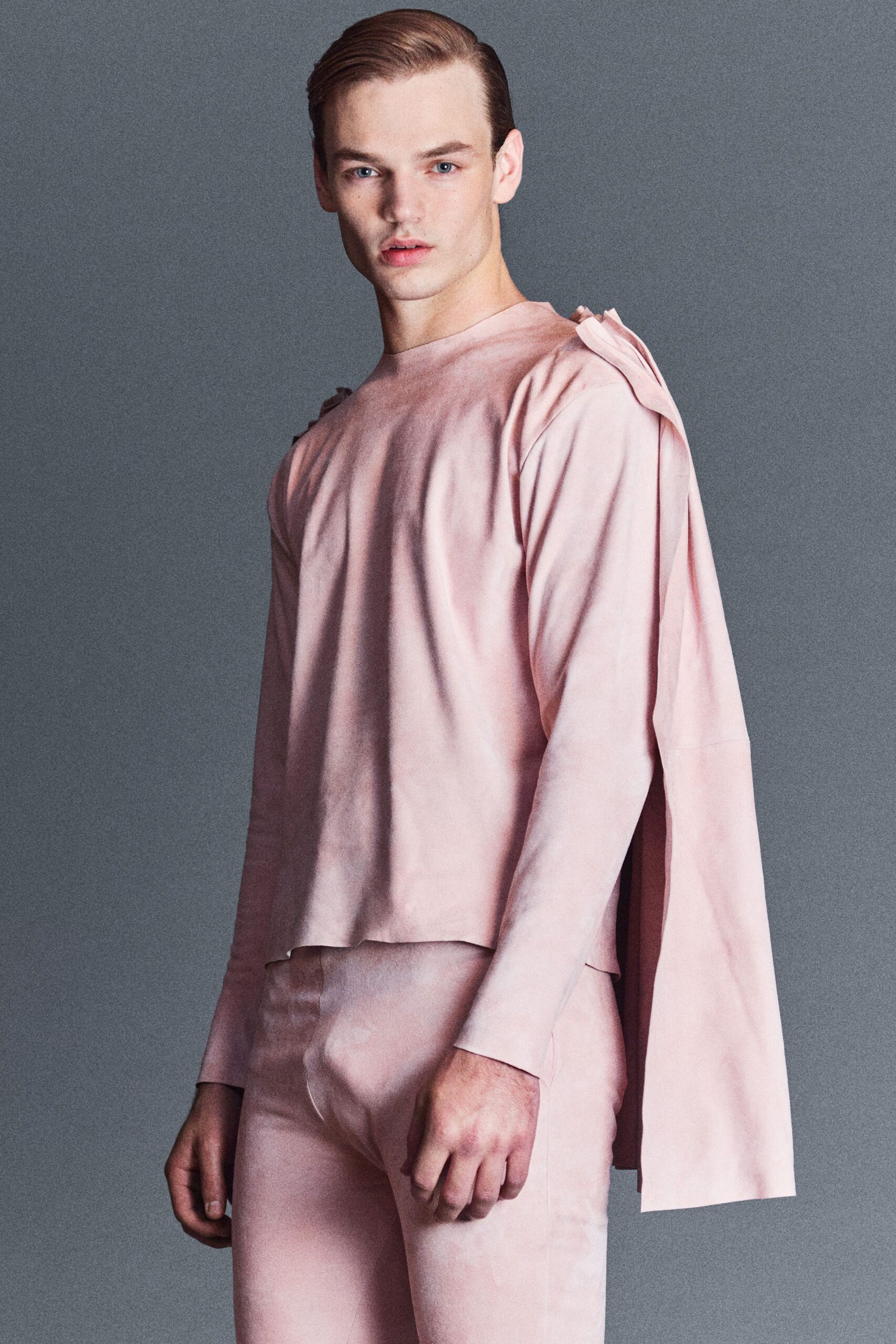 pink silk long-sleeve collared fitted draped top