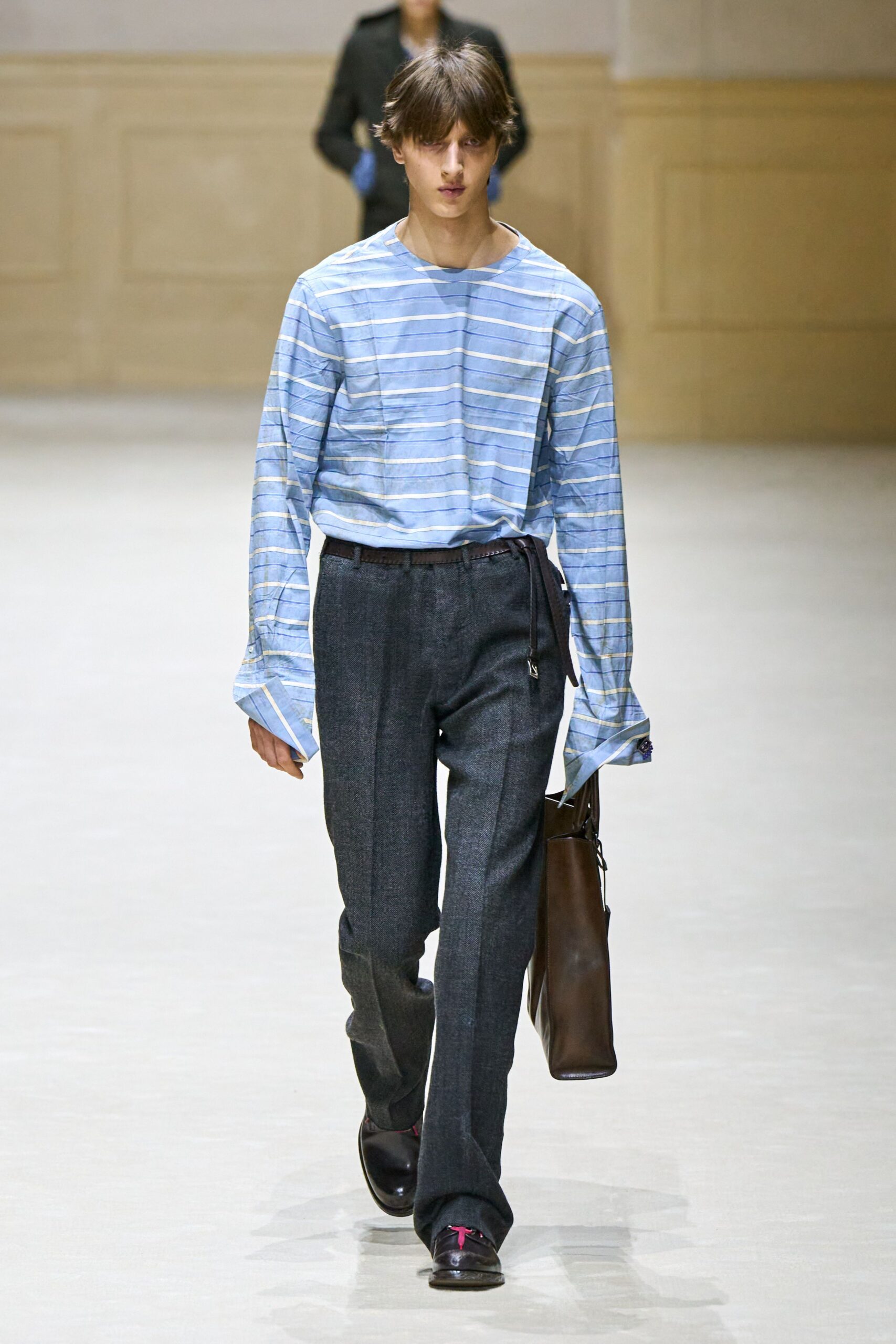 blue striped shirt gray tailored pants